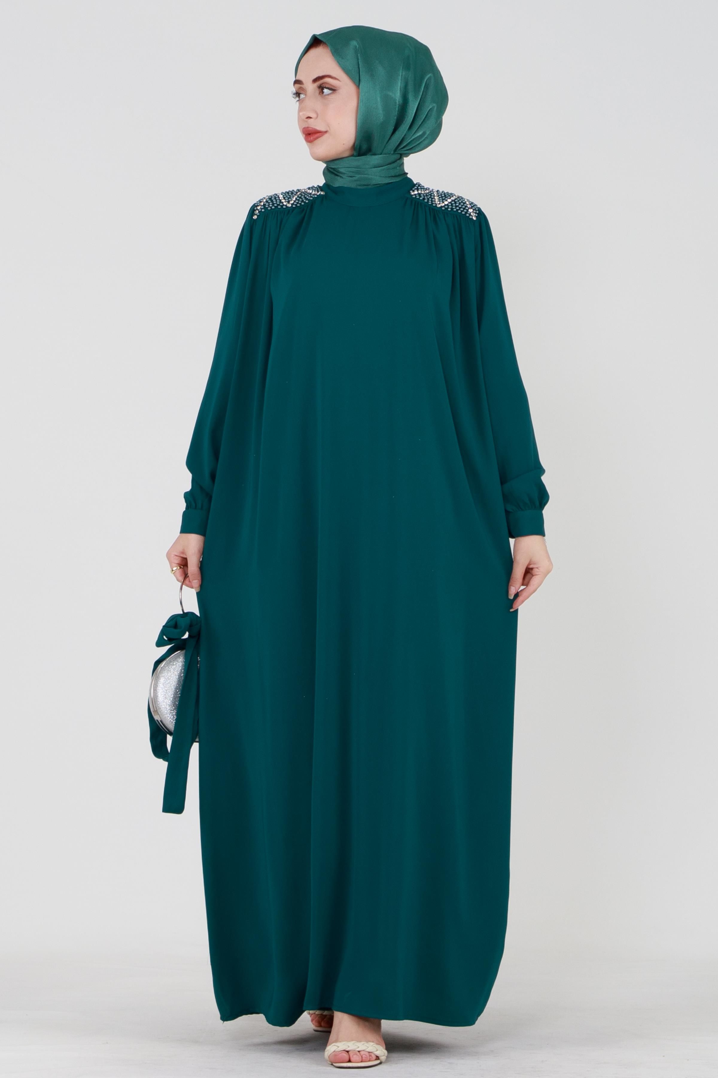 Hijab Dress with Embroidered Shoulders and Belted Waist - Emerald Green
