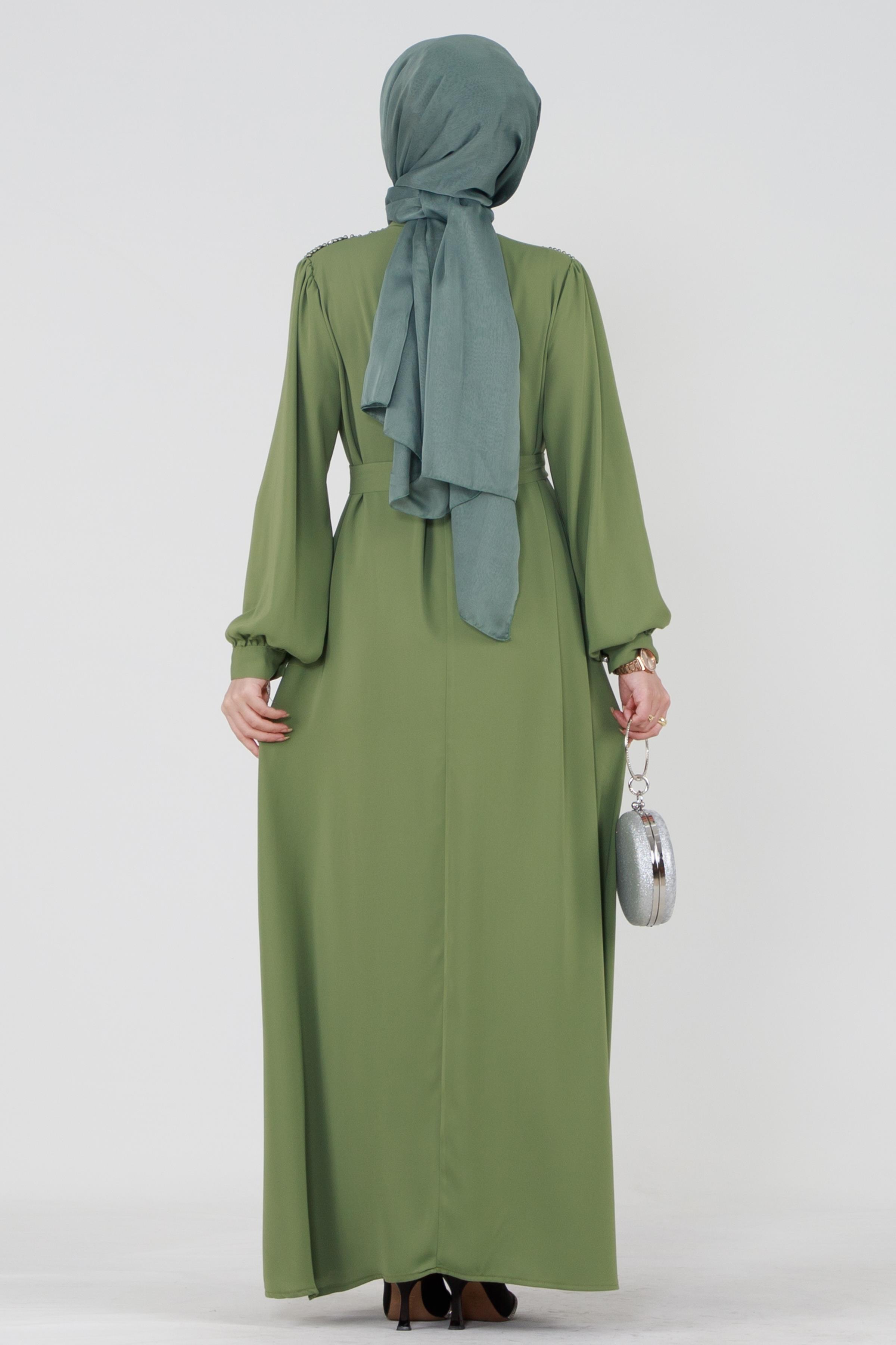 Hijab Dress with Embroidered Shoulders and Belted Waist - Pistachio Green