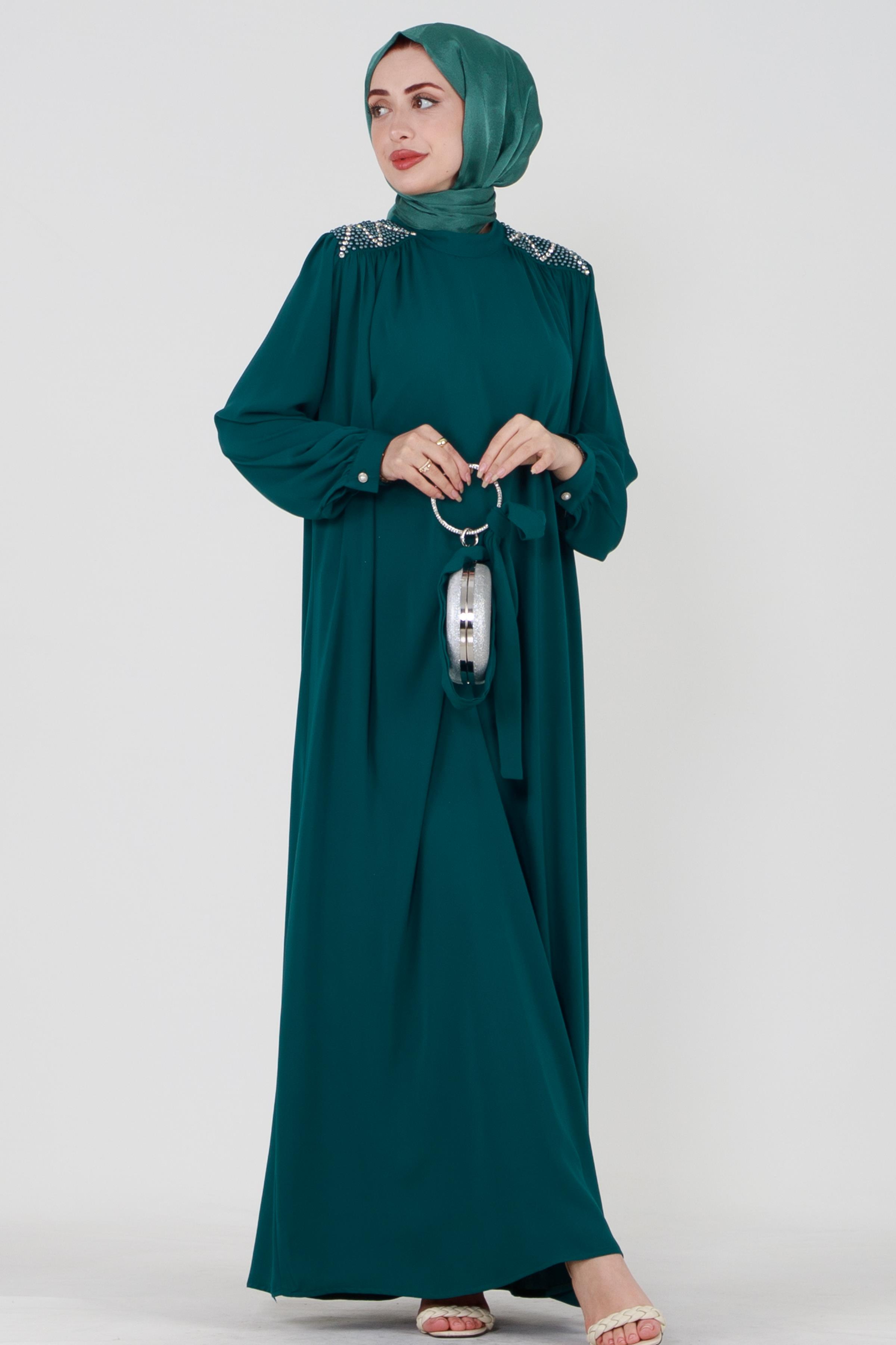 Hijab Dress with Embroidered Shoulders and Belted Waist - Emerald Green
