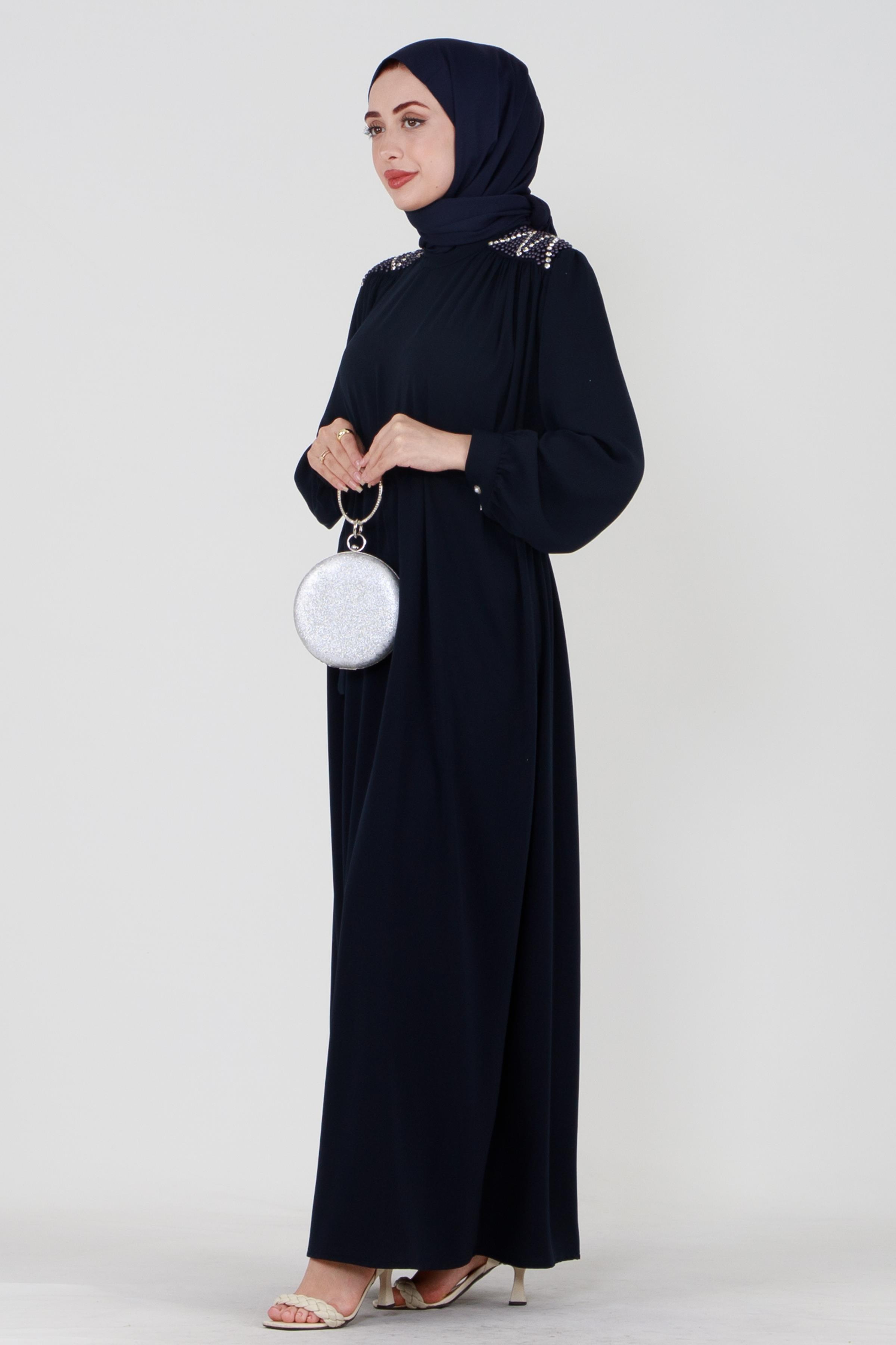 Hijab Dress with Embroidered Shoulders and Belted Waist - Navy Blue