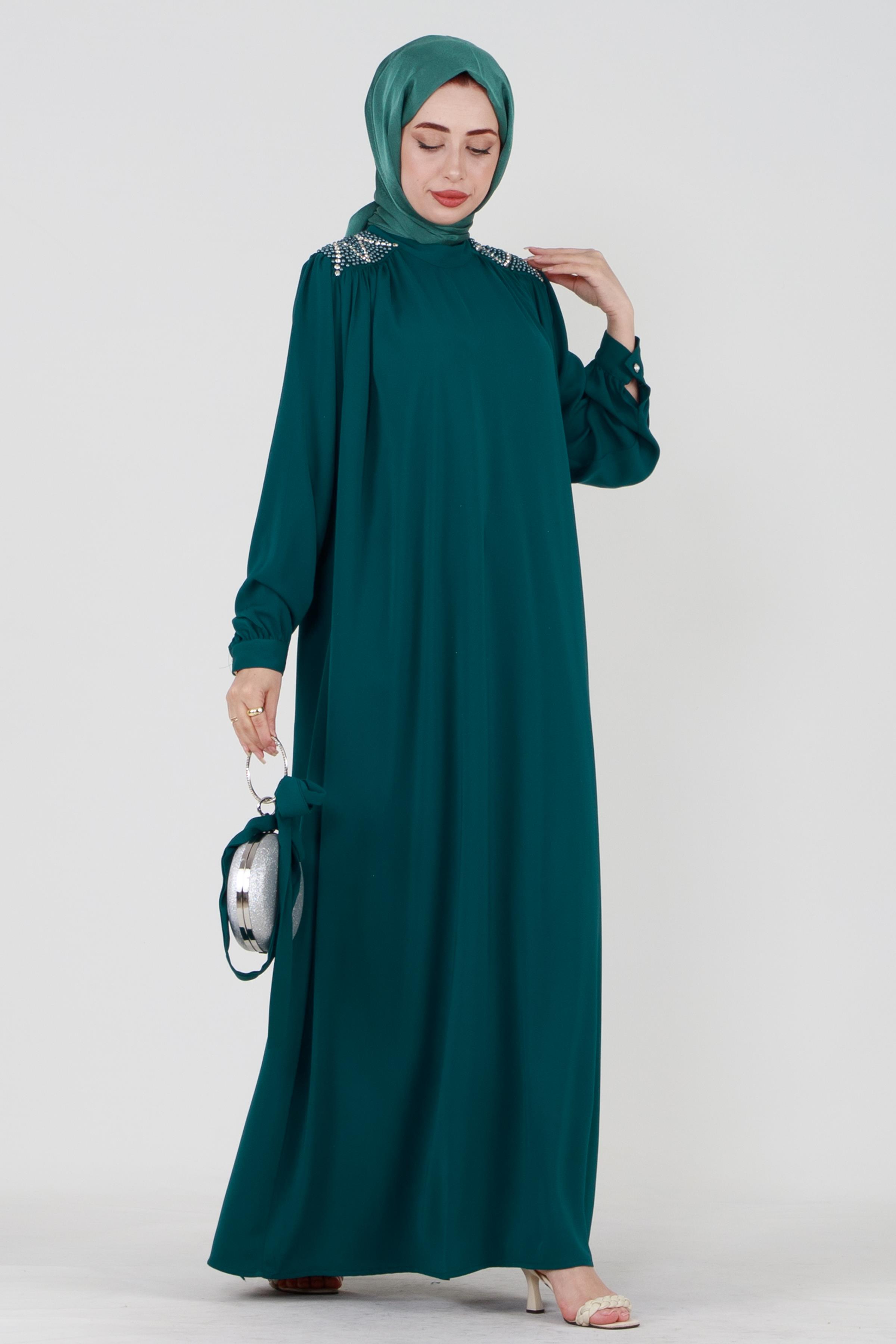 Hijab Dress with Embroidered Shoulders and Belted Waist - Emerald Green
