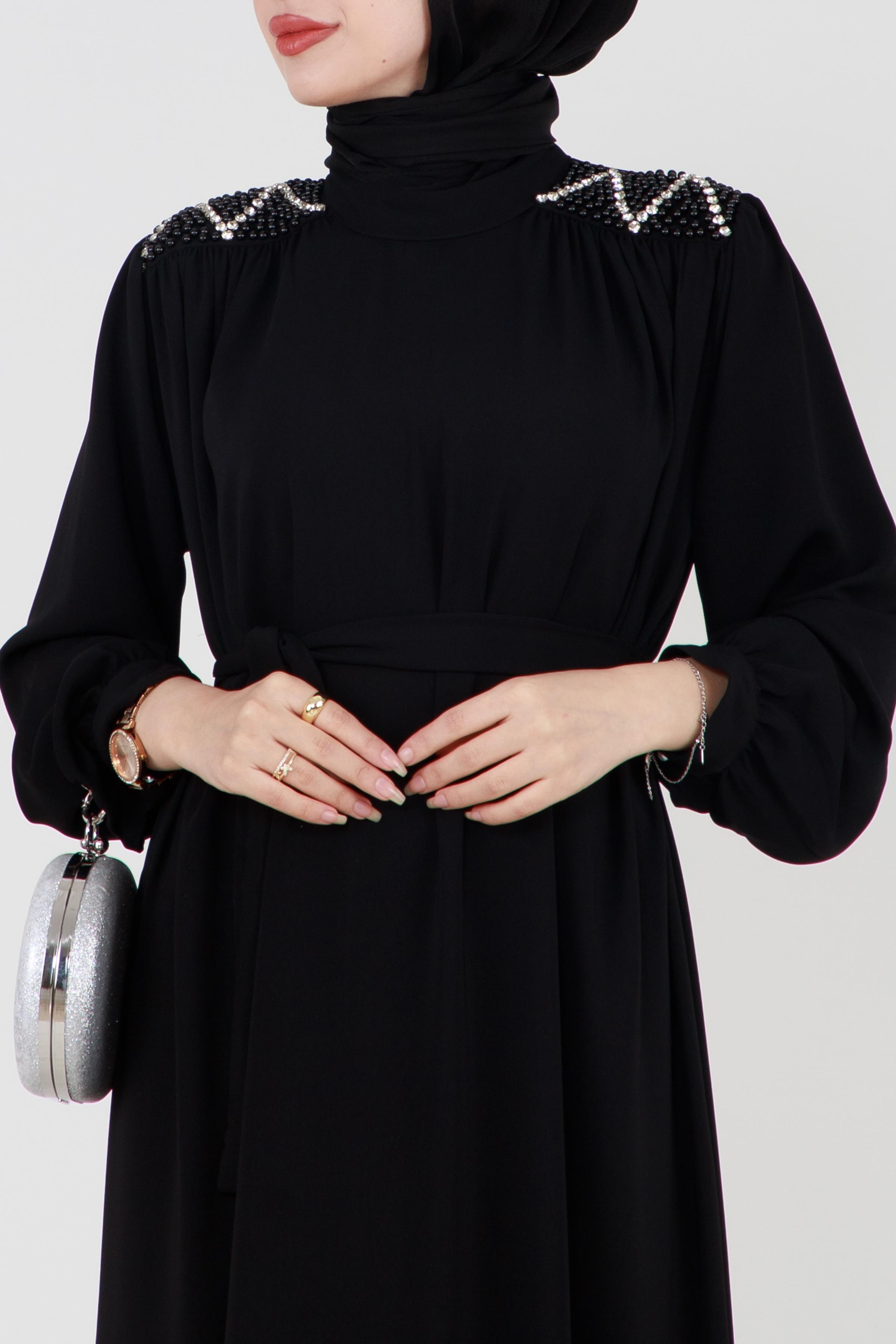 Hijab Dress with Embroidered Shoulders and Belted Waist - Black