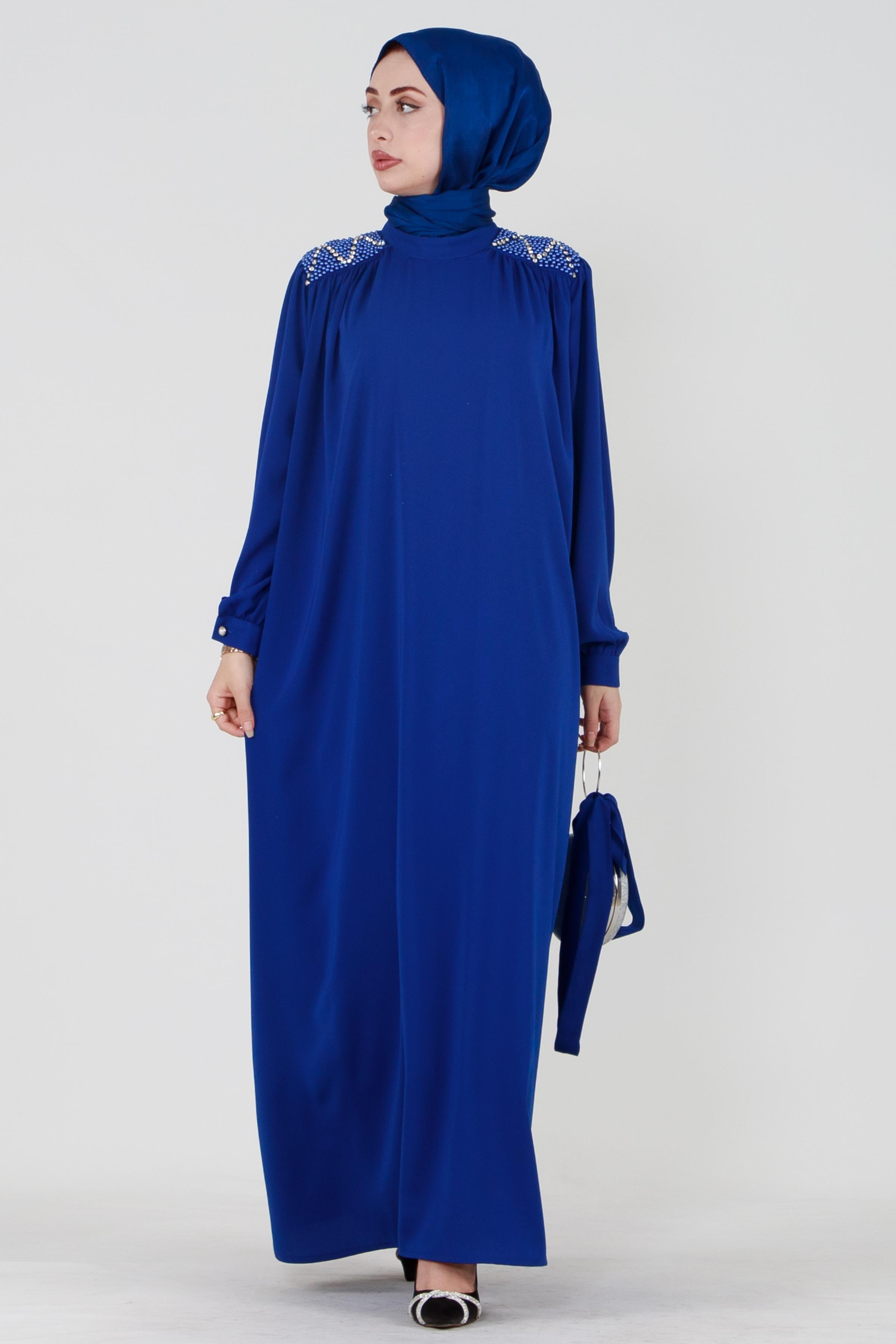 Hijab Dress with Embroidered Shoulders and Belted Waist - Saks Blue