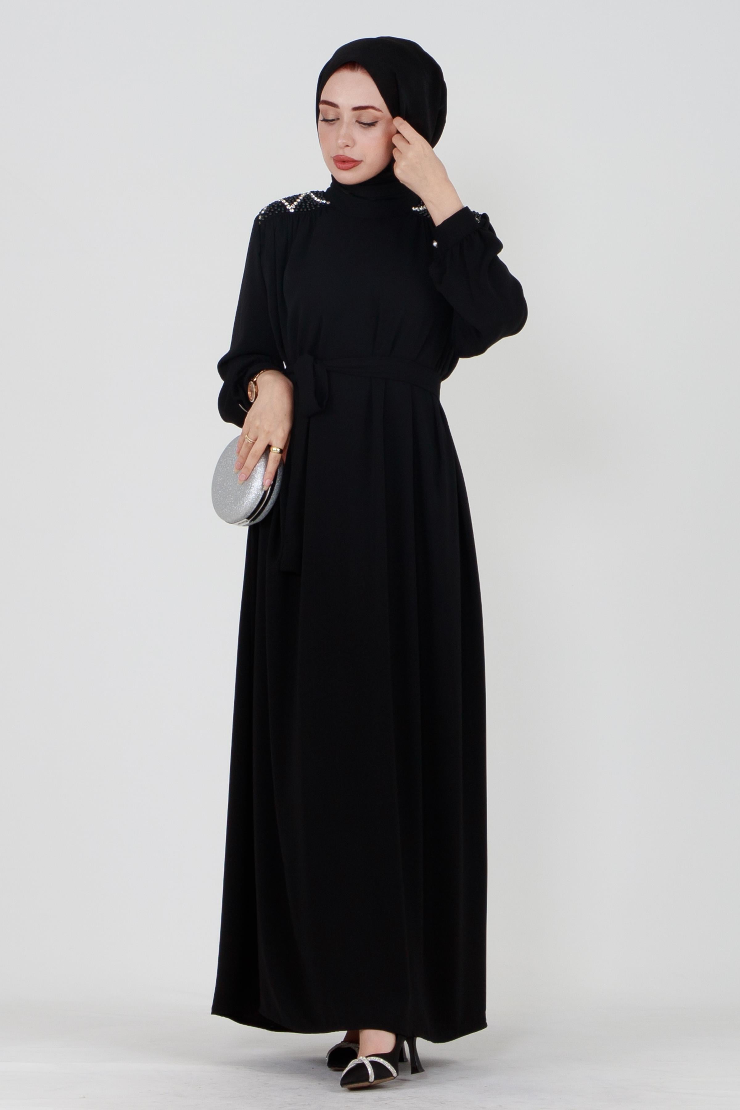 Hijab Dress with Embroidered Shoulders and Belted Waist - Black