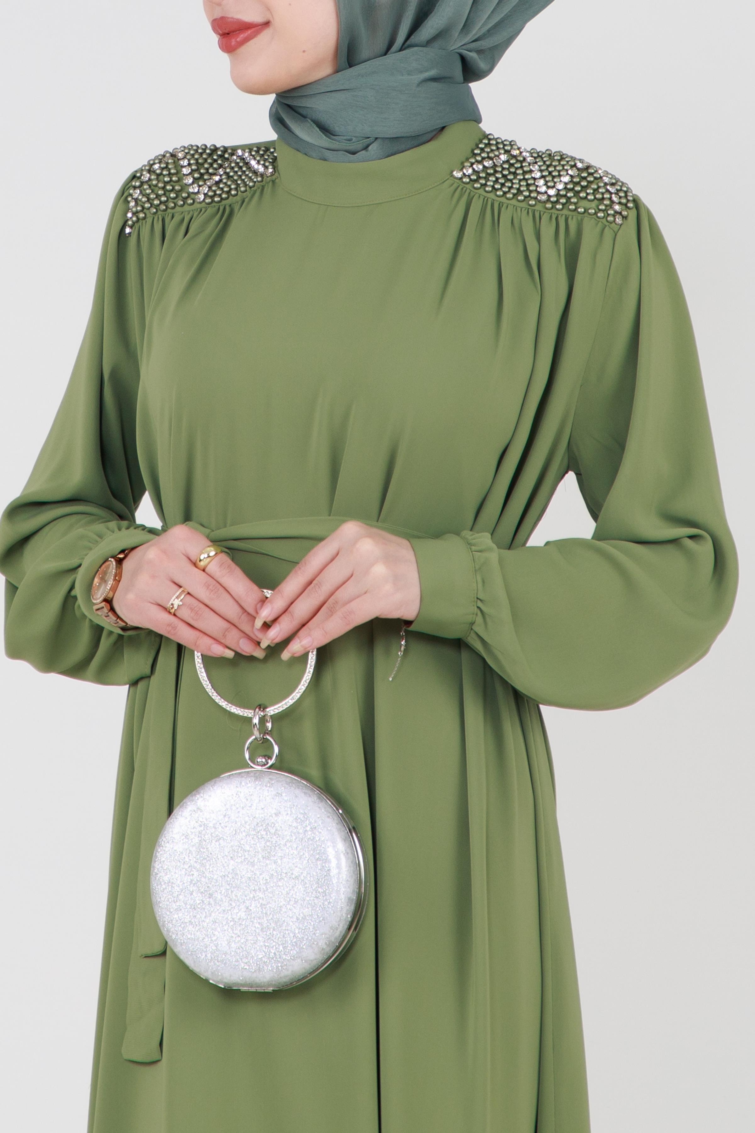 Hijab Dress with Embroidered Shoulders and Belted Waist - Pistachio Green