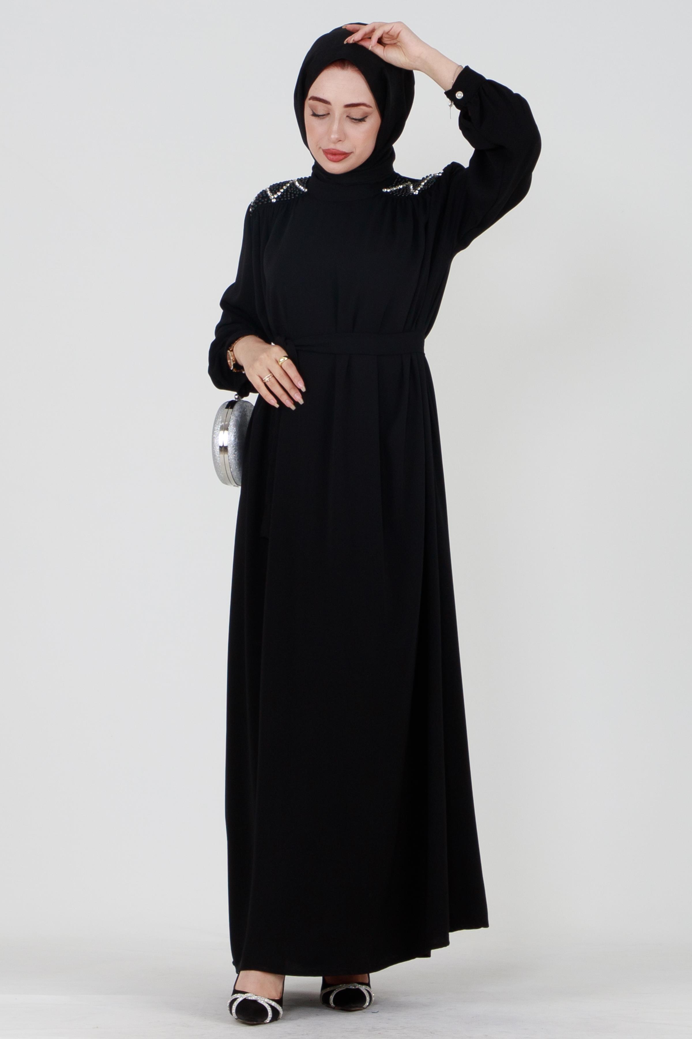 Hijab Dress with Embroidered Shoulders and Belted Waist - Black