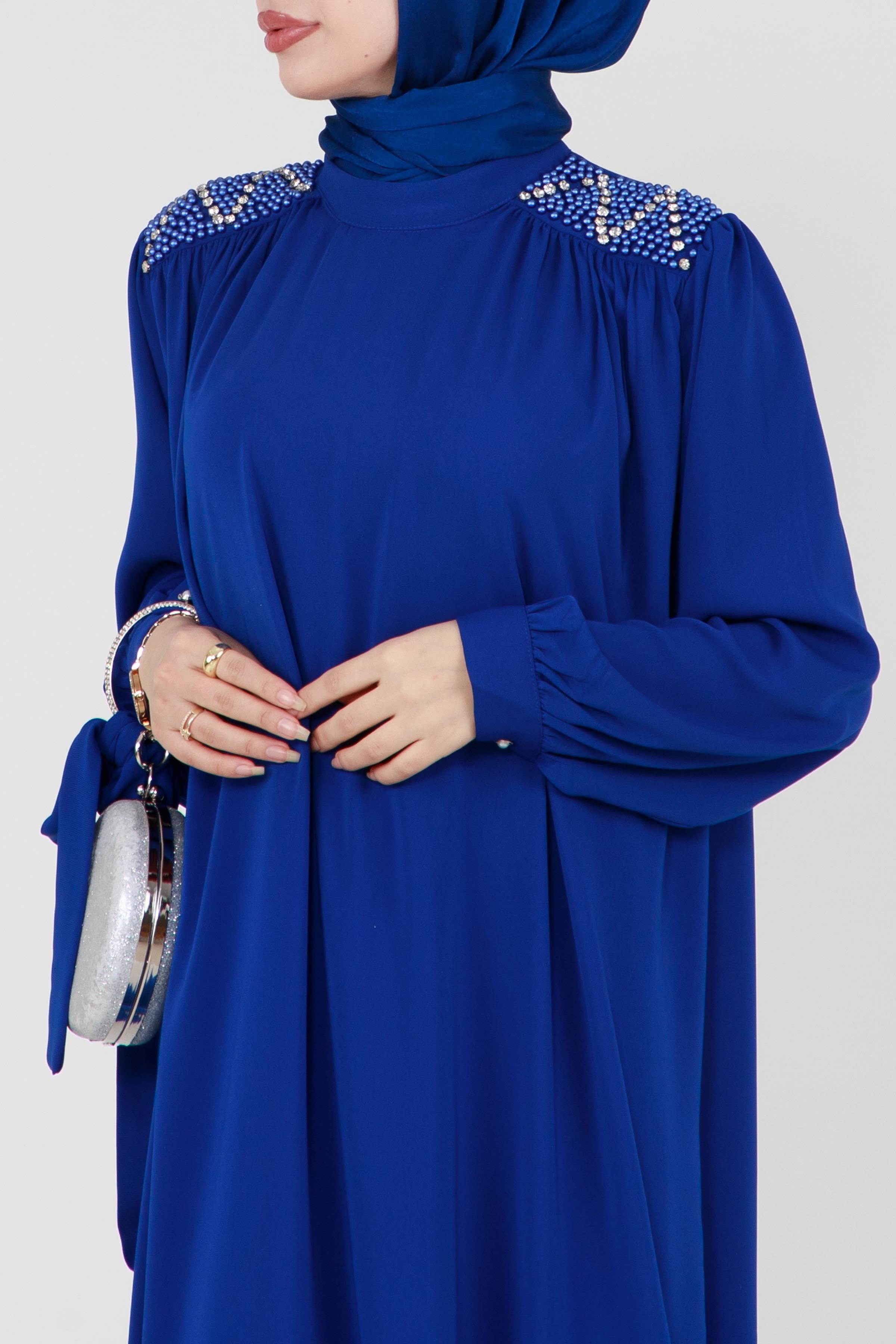 Hijab Dress with Embroidered Shoulders and Belted Waist - Saks Blue