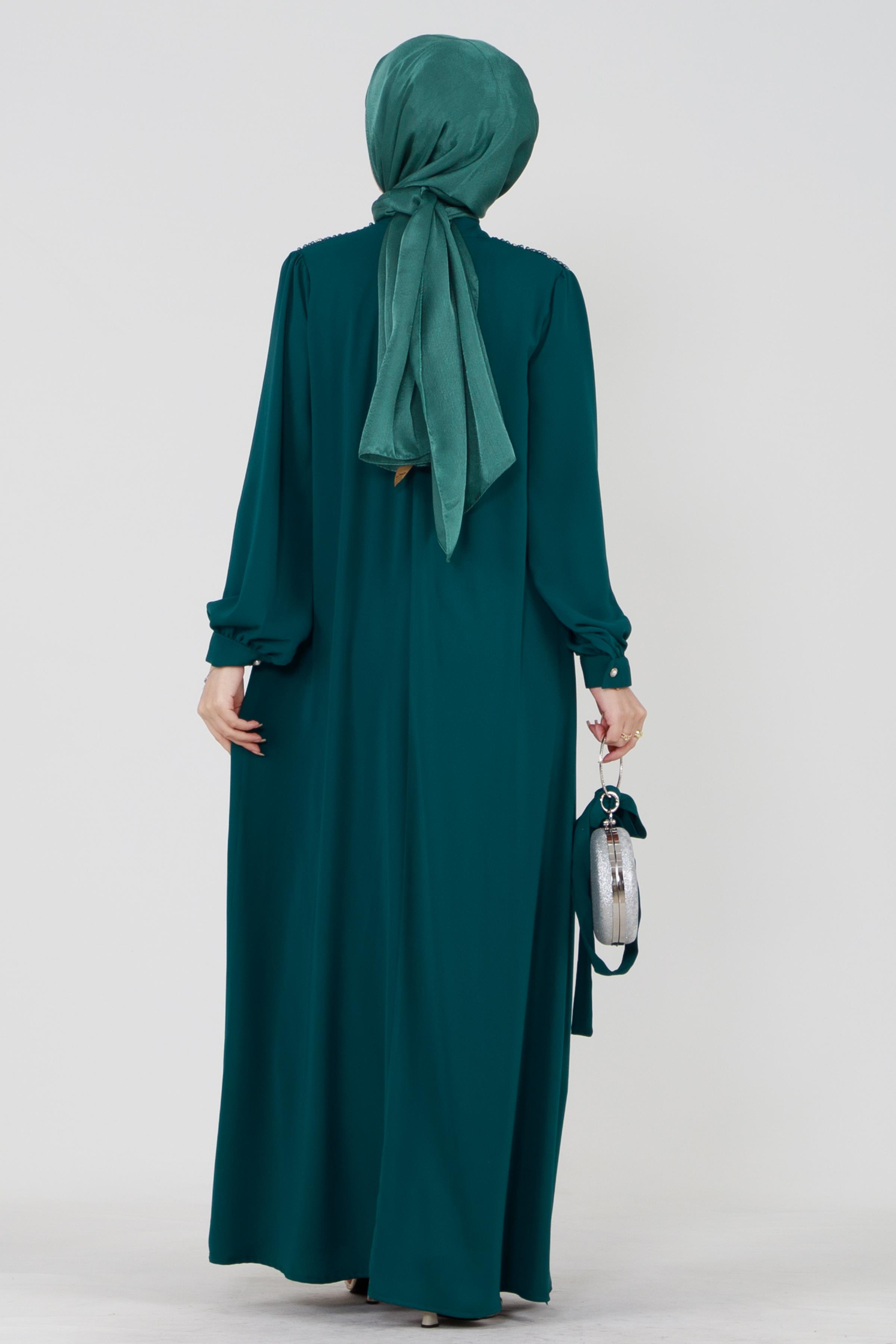 Hijab Dress with Embroidered Shoulders and Belted Waist - Emerald Green