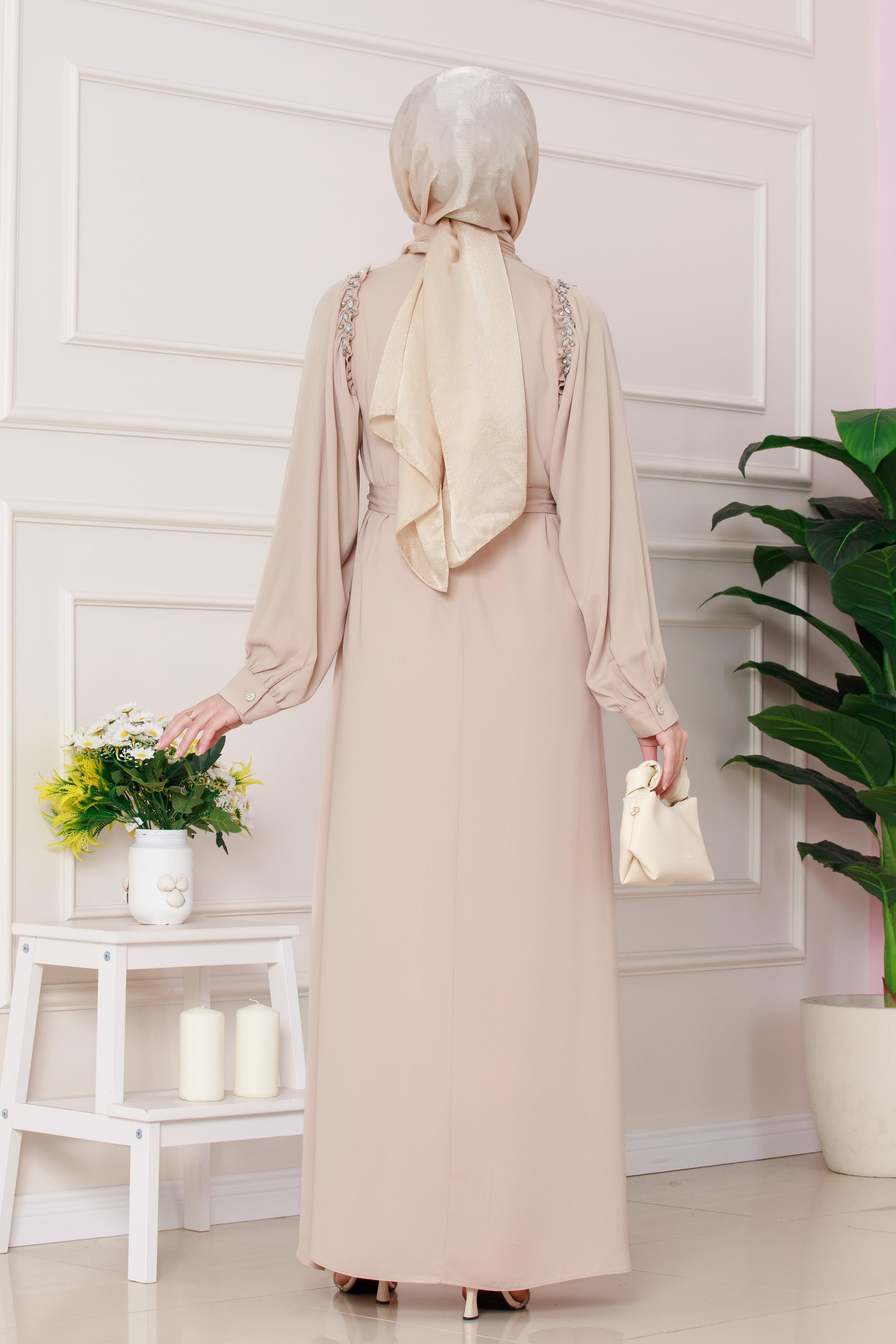 Omuzu Taş Detaylı Rose Elbise-Bej