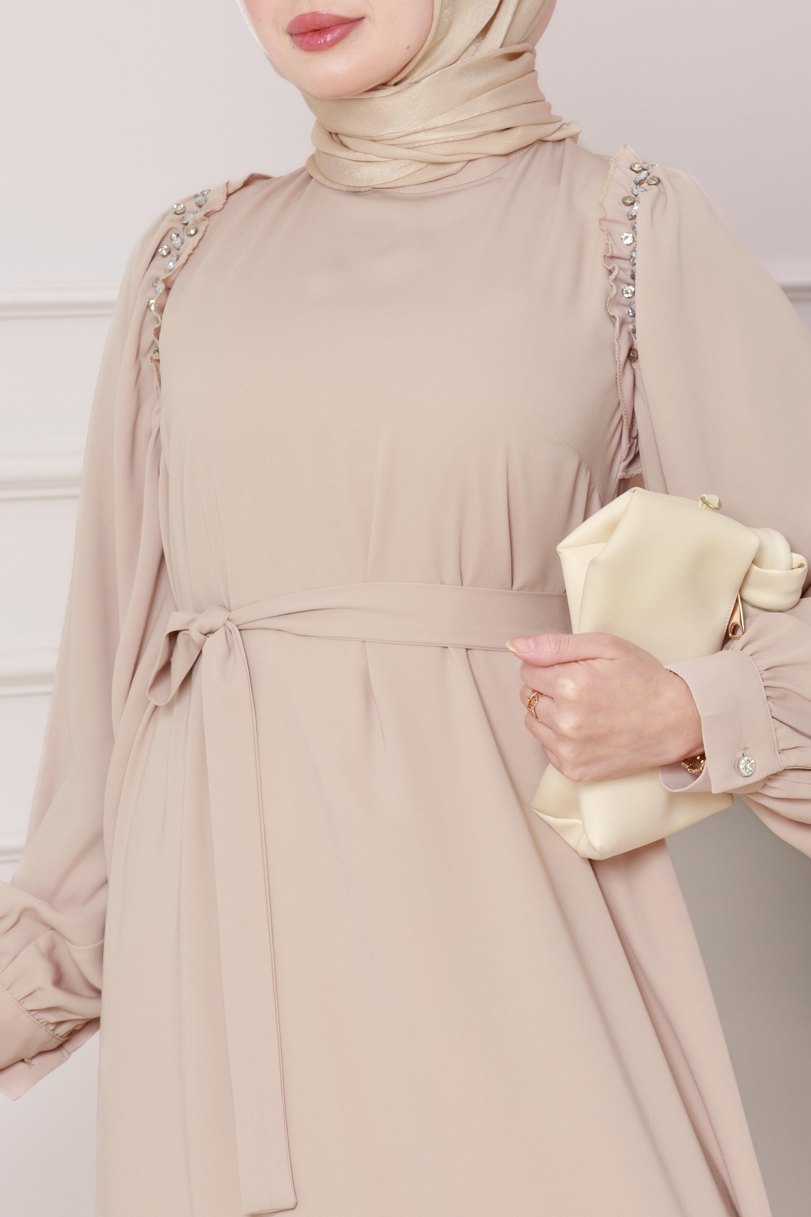 Omuzu Taş Detaylı Rose Elbise-Bej