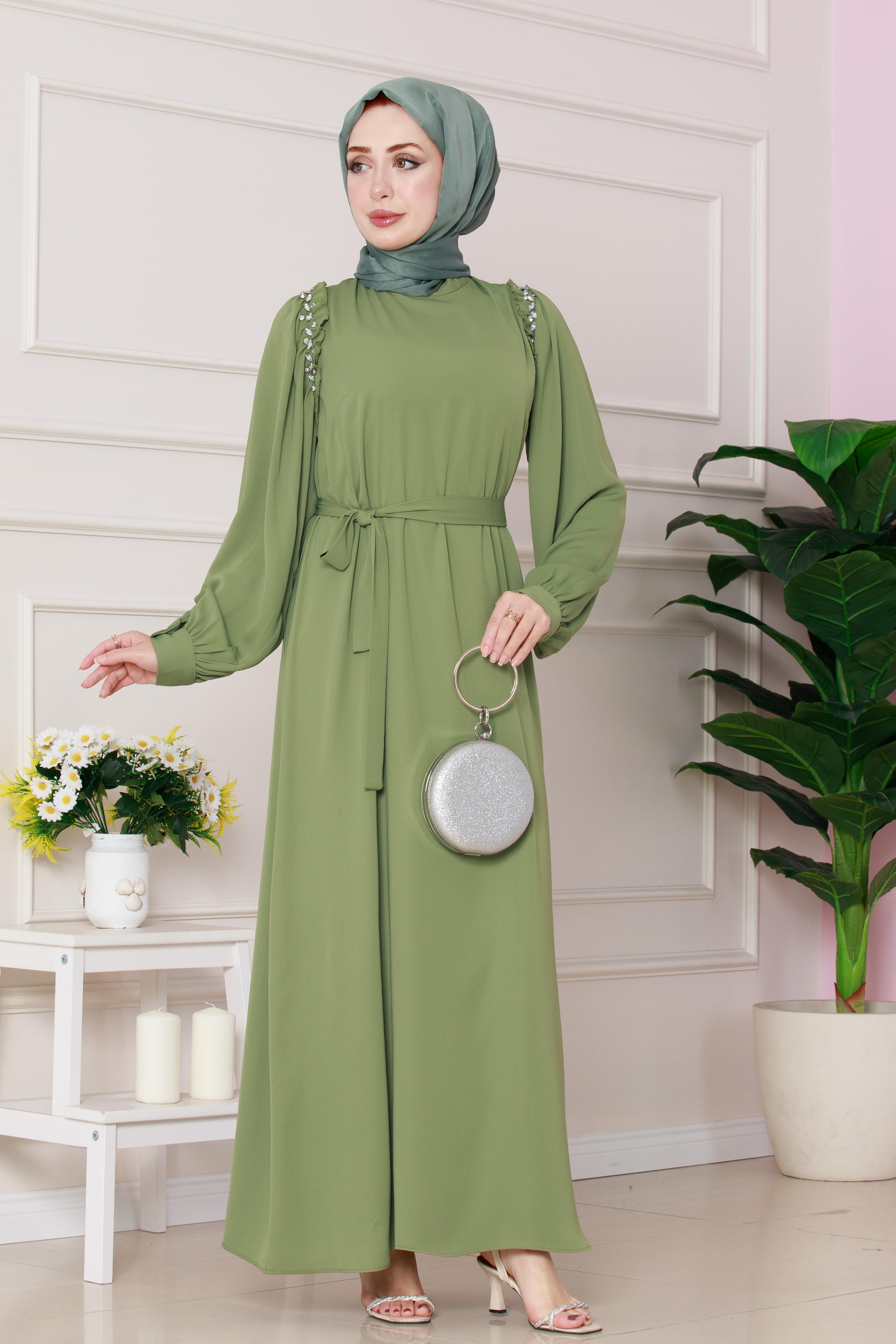Omuzu Taş Detaylı Rose Elbise-Fıstık Yeşili