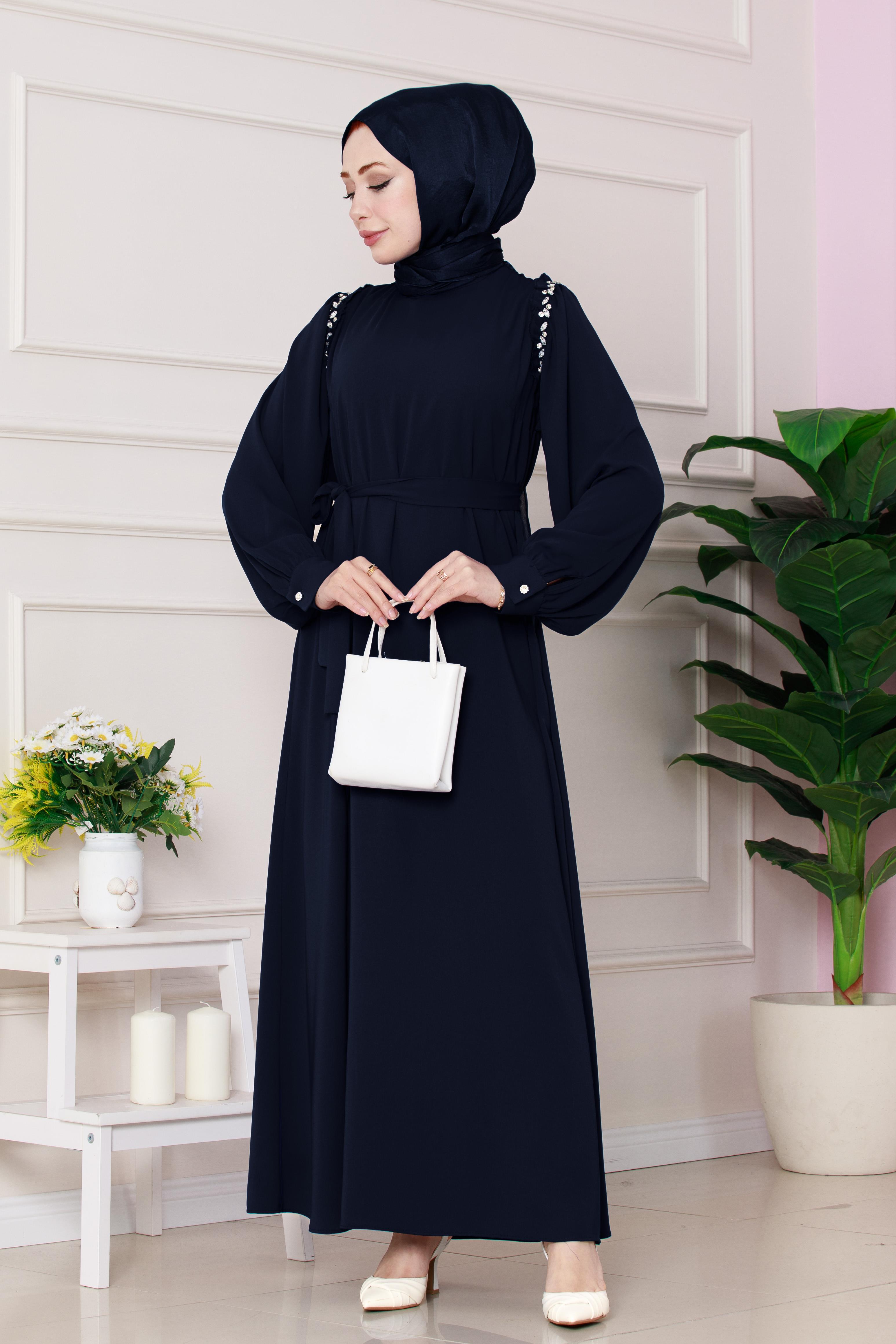 Omuzu Taş Detaylı Rose Elbise-Lacivert