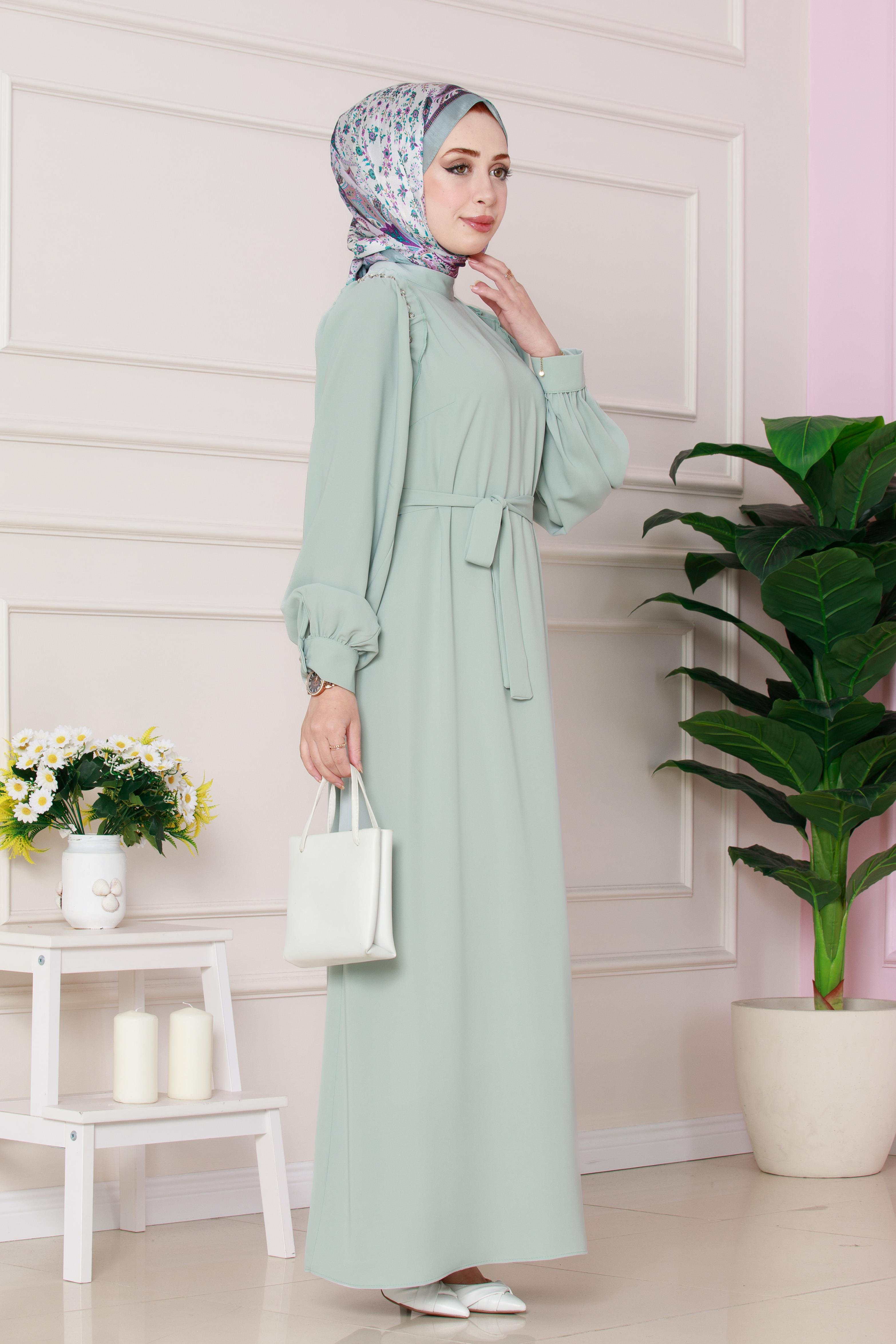 Omuzu Taş Detaylı Rose Elbise-Mint Yeşili
