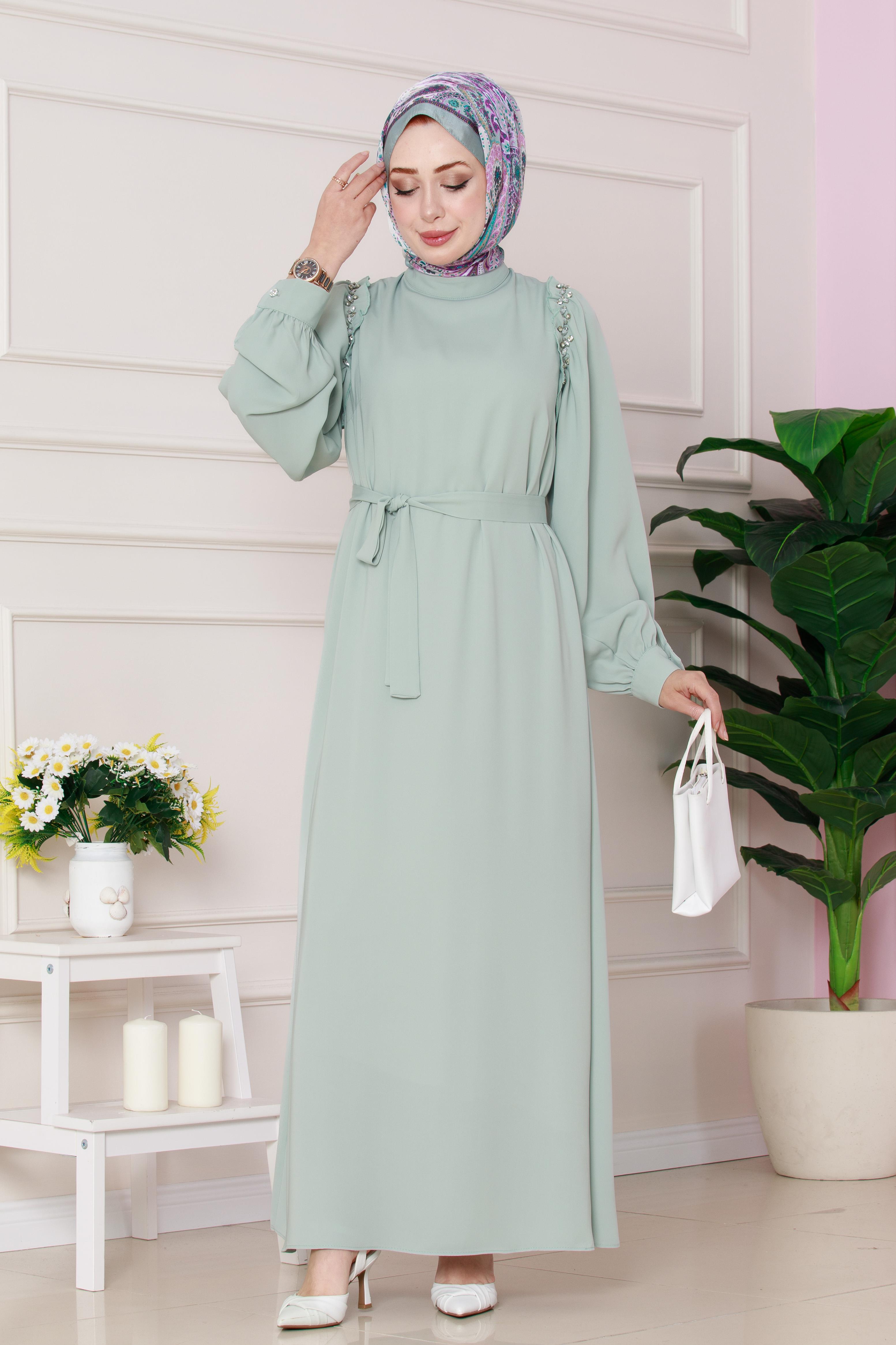 Omuzu Taş Detaylı Rose Elbise-Mint Yeşili