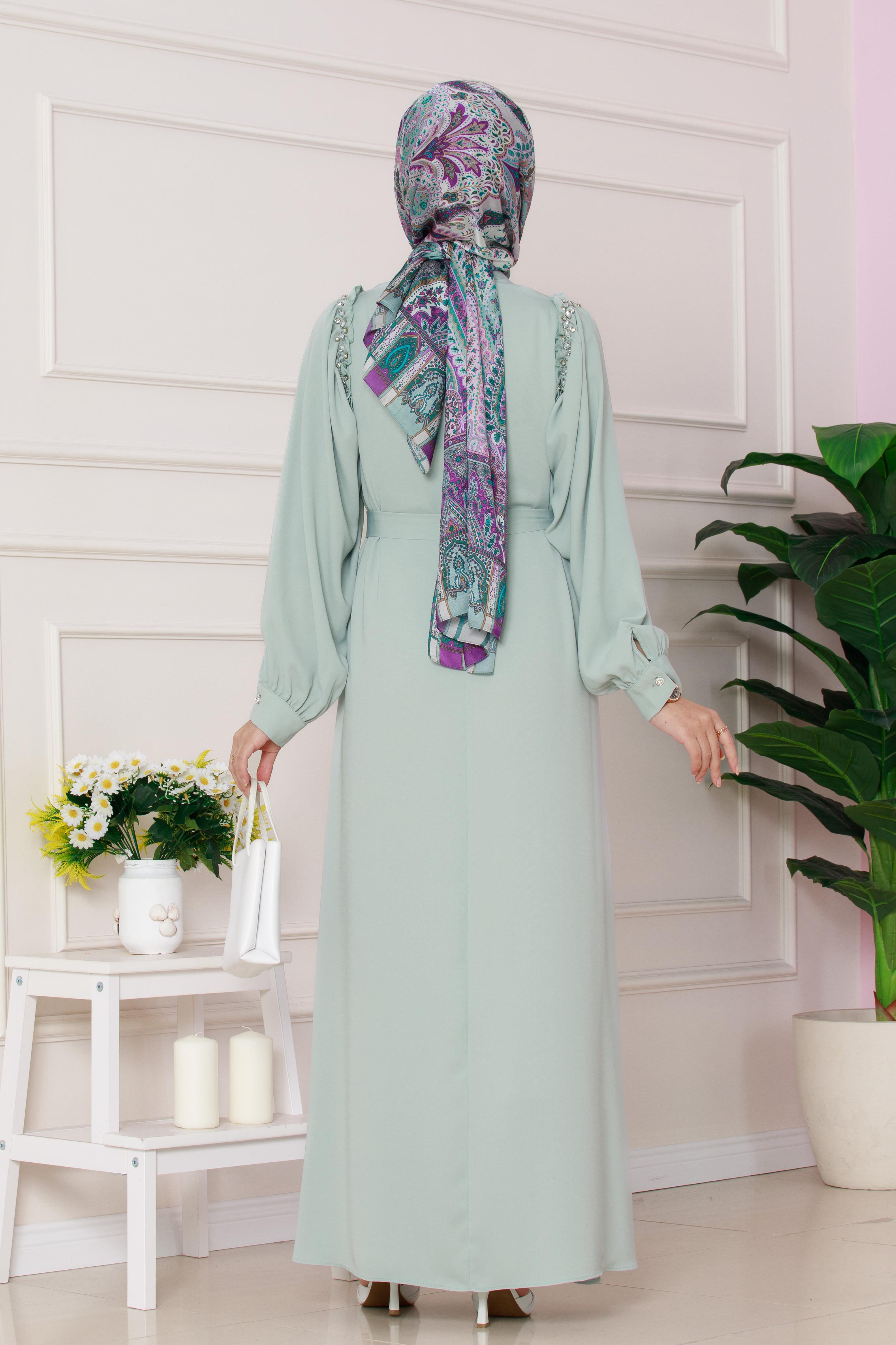 Omuzu Taş Detaylı Rose Elbise-Mint Yeşili