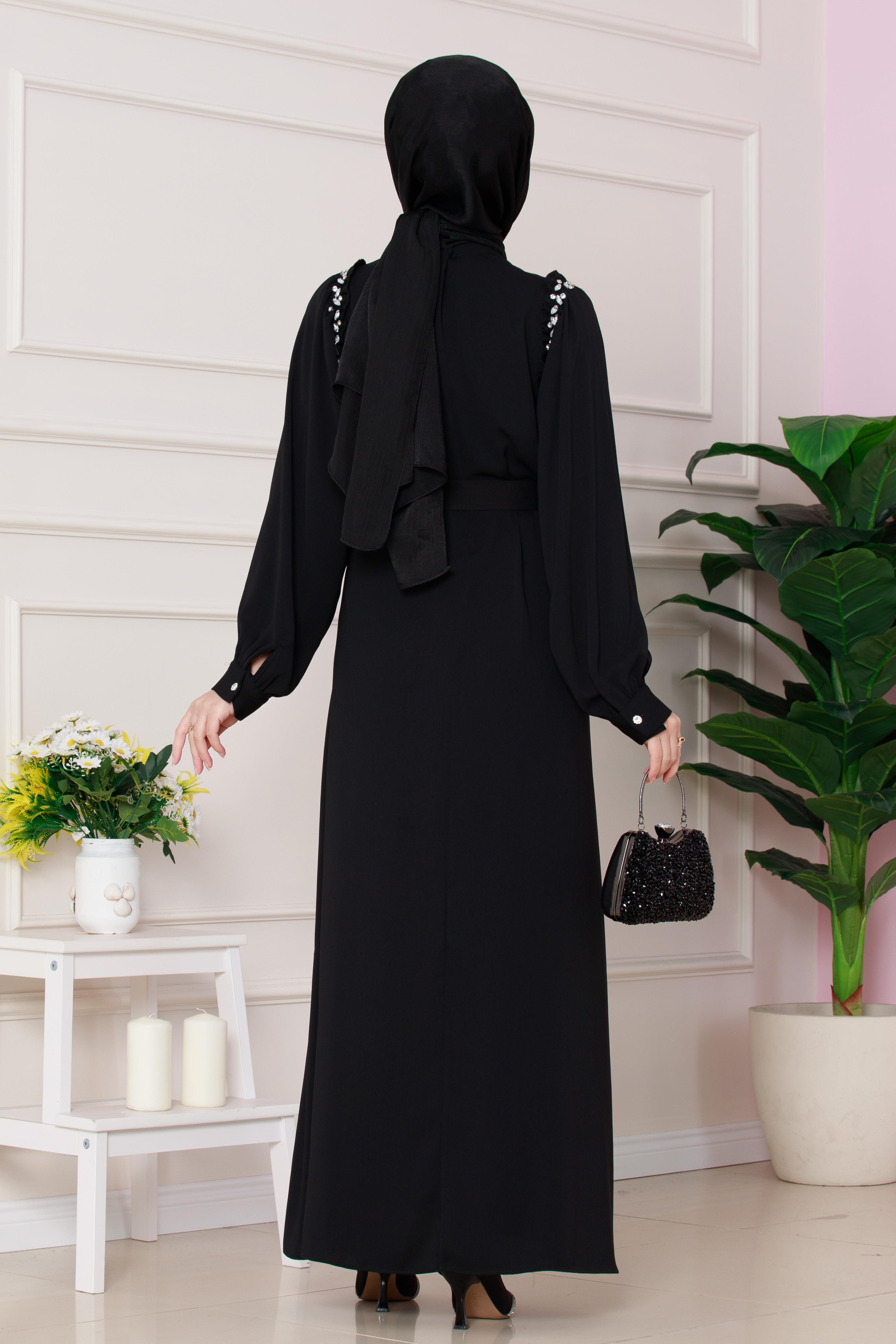 Dress with stones detail on the shoulders -black color