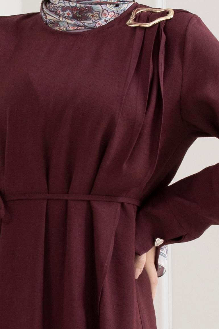 Omuzu Toka Detaylı Tesettür Elbise-BORDO