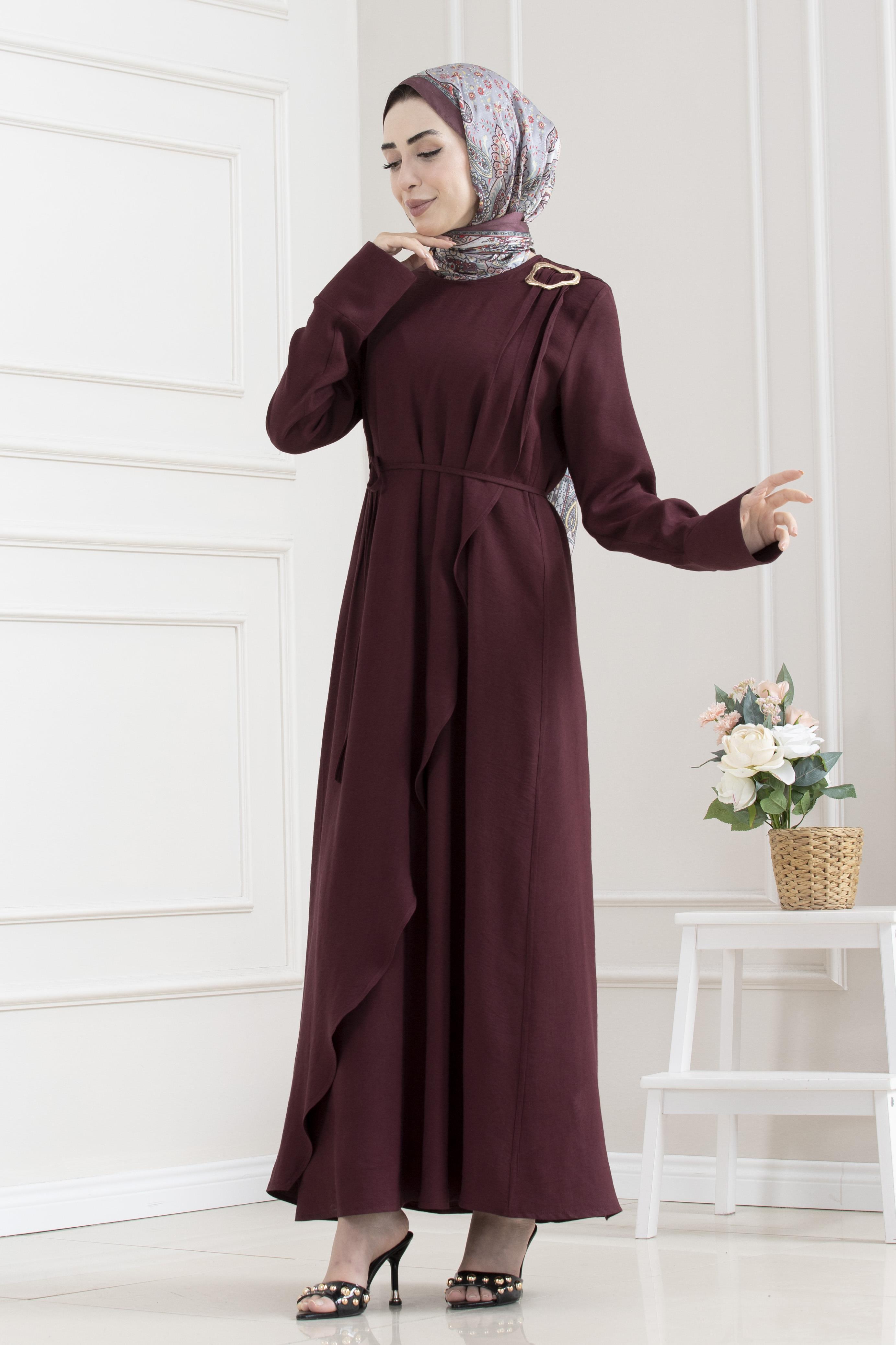 Omuzu Toka Detaylı Tesettür Elbise-BORDO