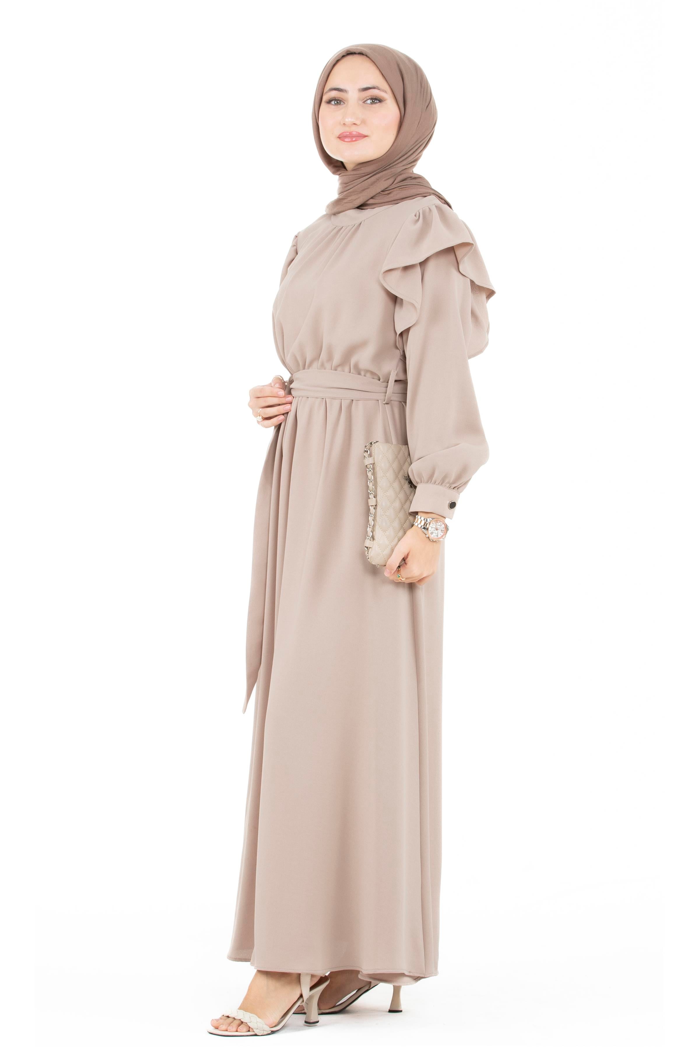 Ruffled Shoulder Belted Dress-Beige