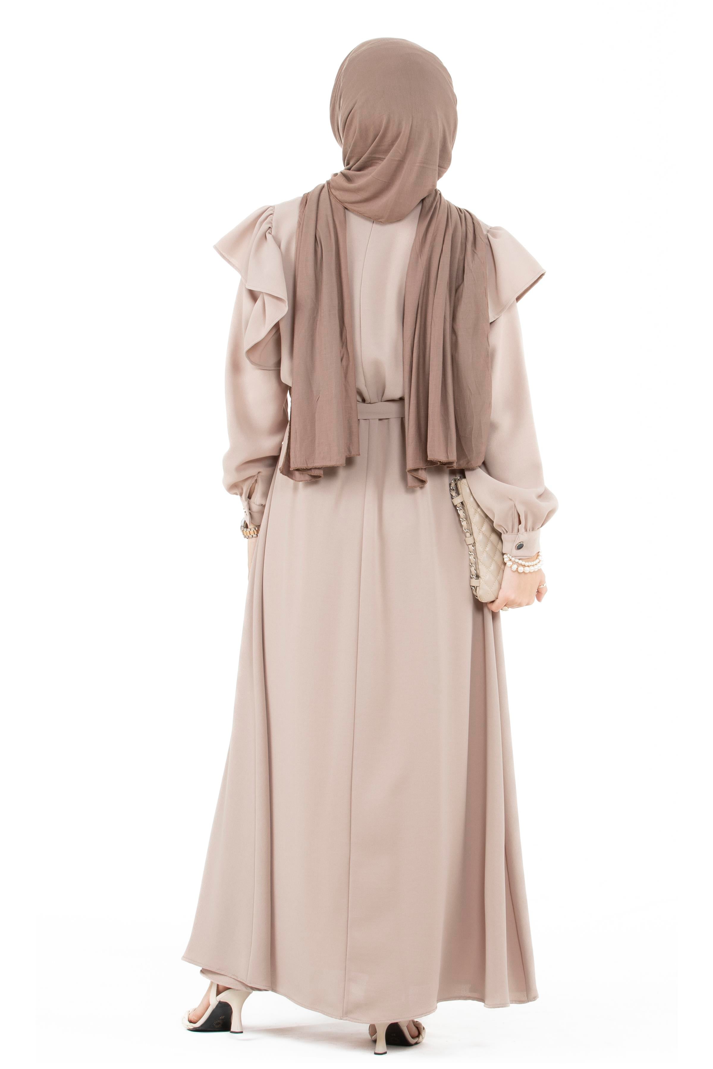 Ruffled Shoulder Belted Dress-Beige