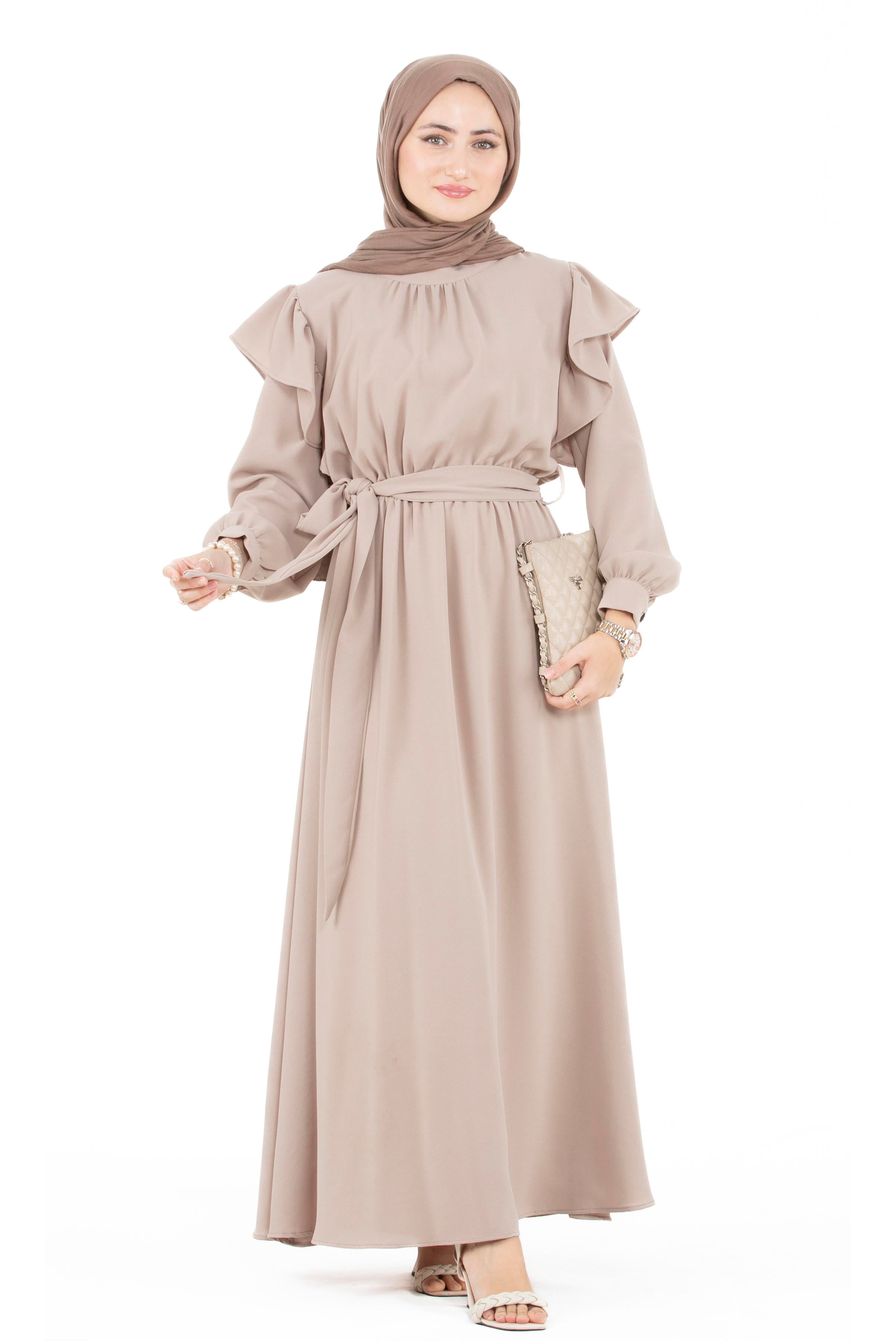 Ruffled Shoulder Belted Dress-Beige