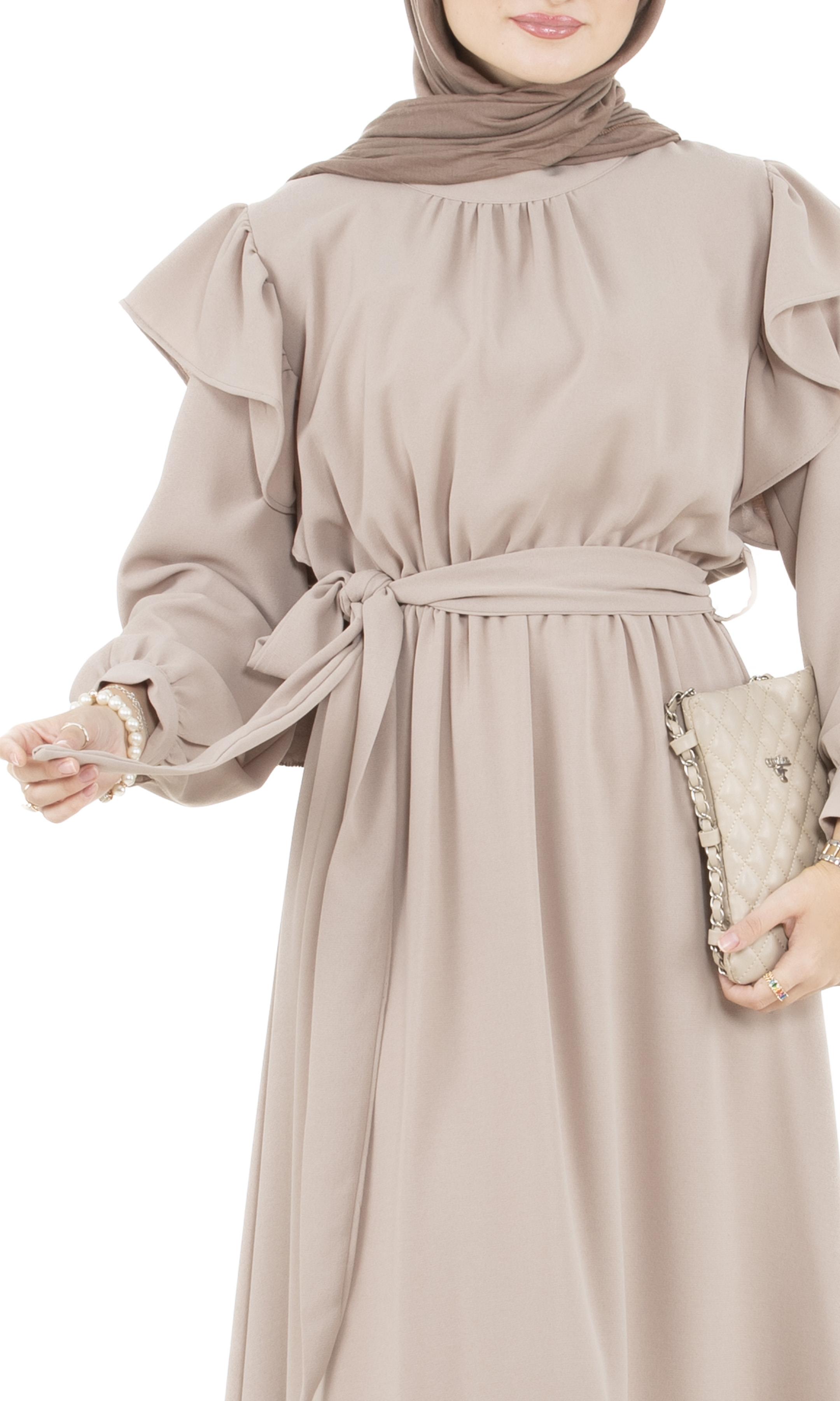 Ruffled Shoulder Belted Dress-Beige