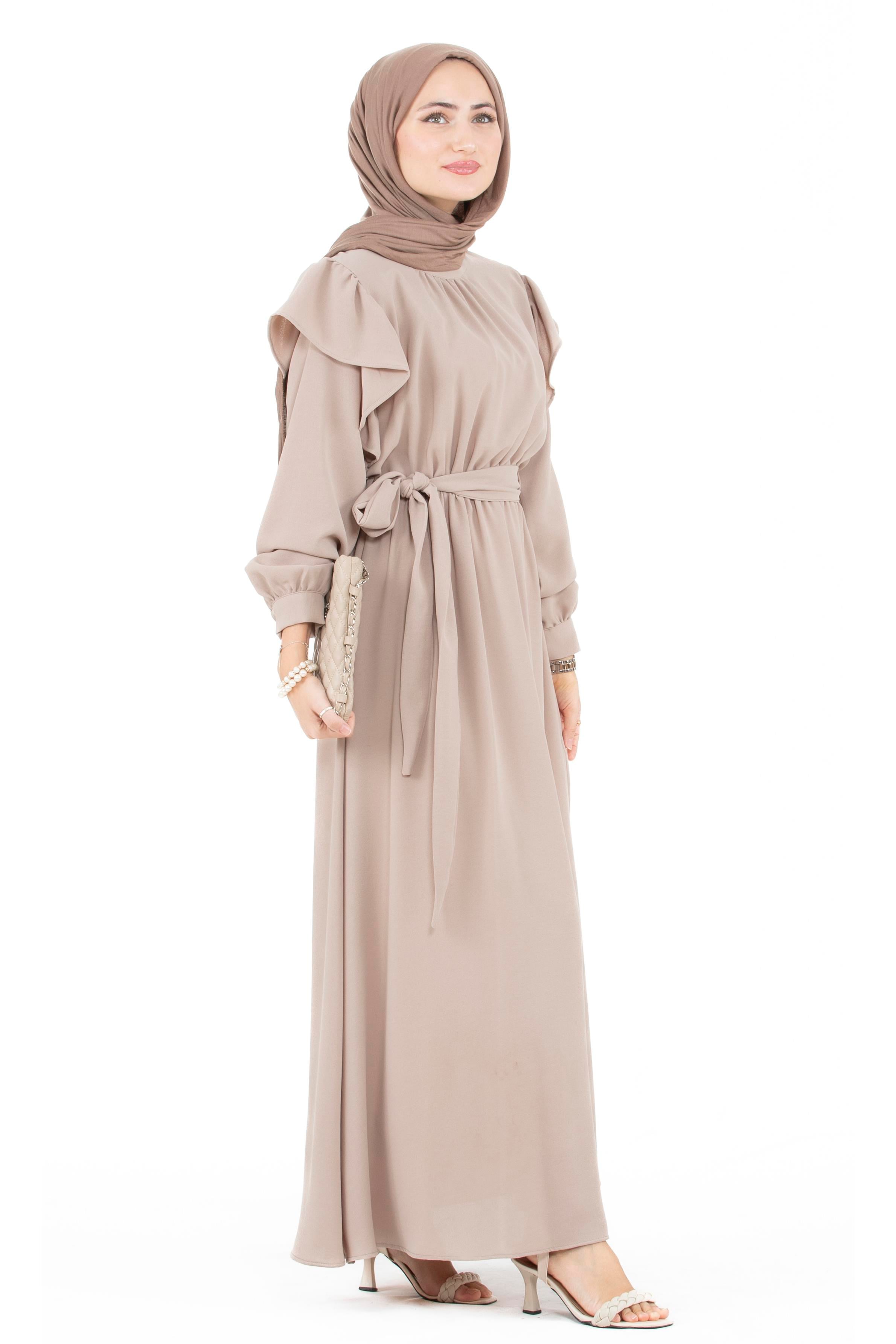 Ruffled Shoulder Belted Dress-Beige