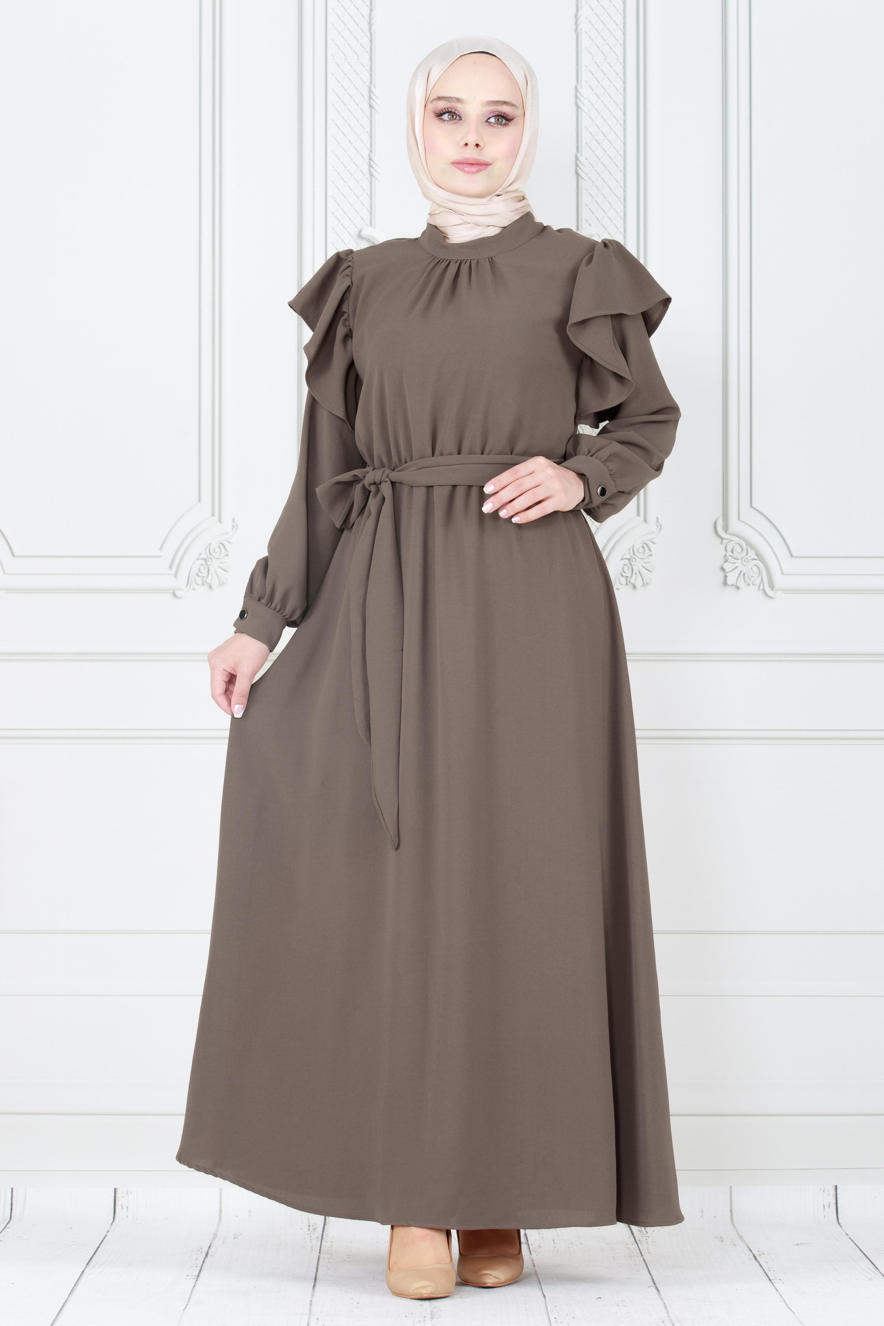 Flounced Shoulders Dress-Dark Mink