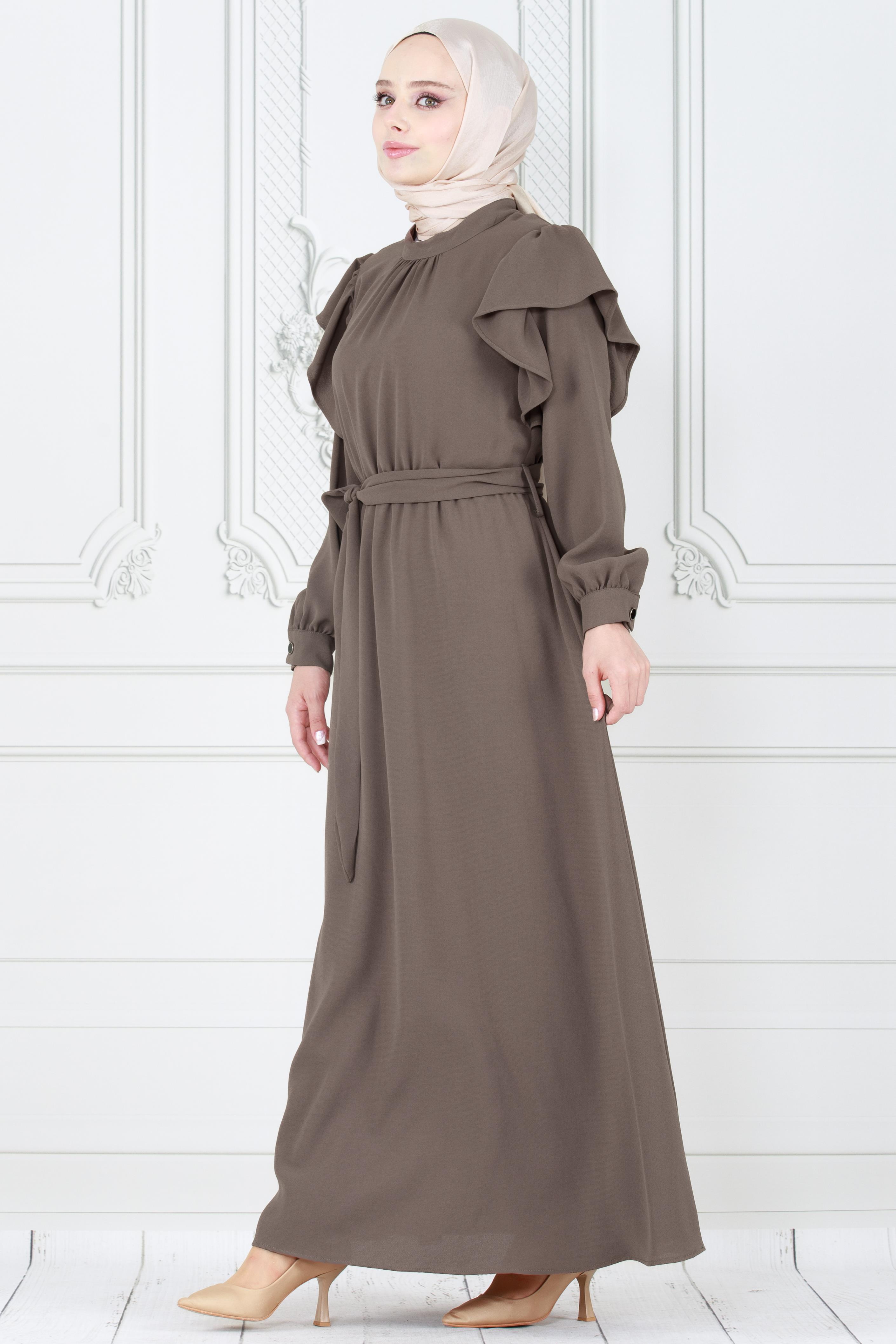 Flounced Shoulders Dress-Dark Mink
