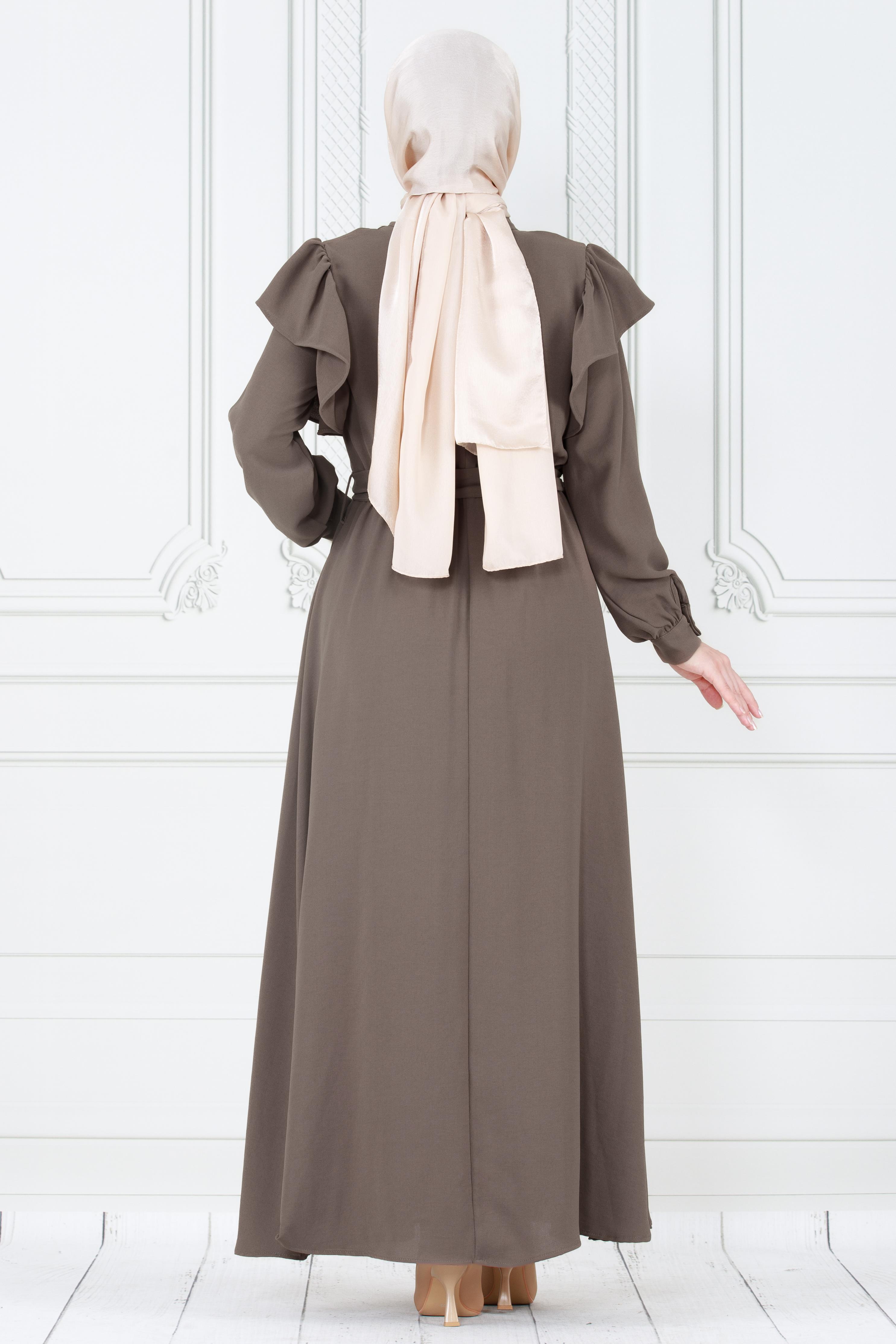 Flounced Shoulders Dress-Dark Mink