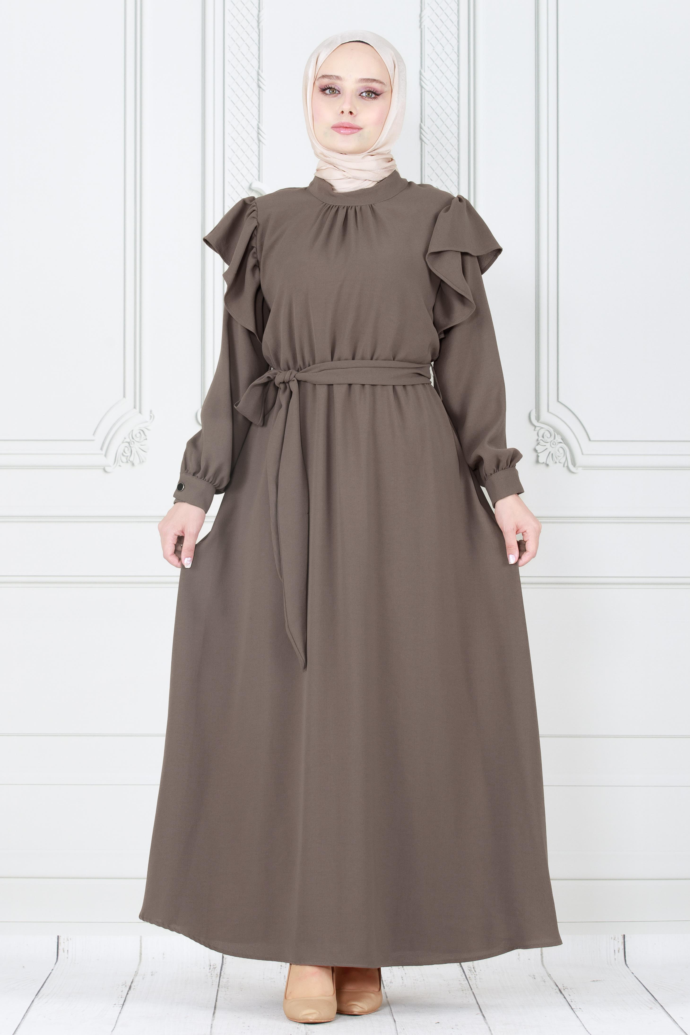 Flounced Shoulders Dress-Dark Mink