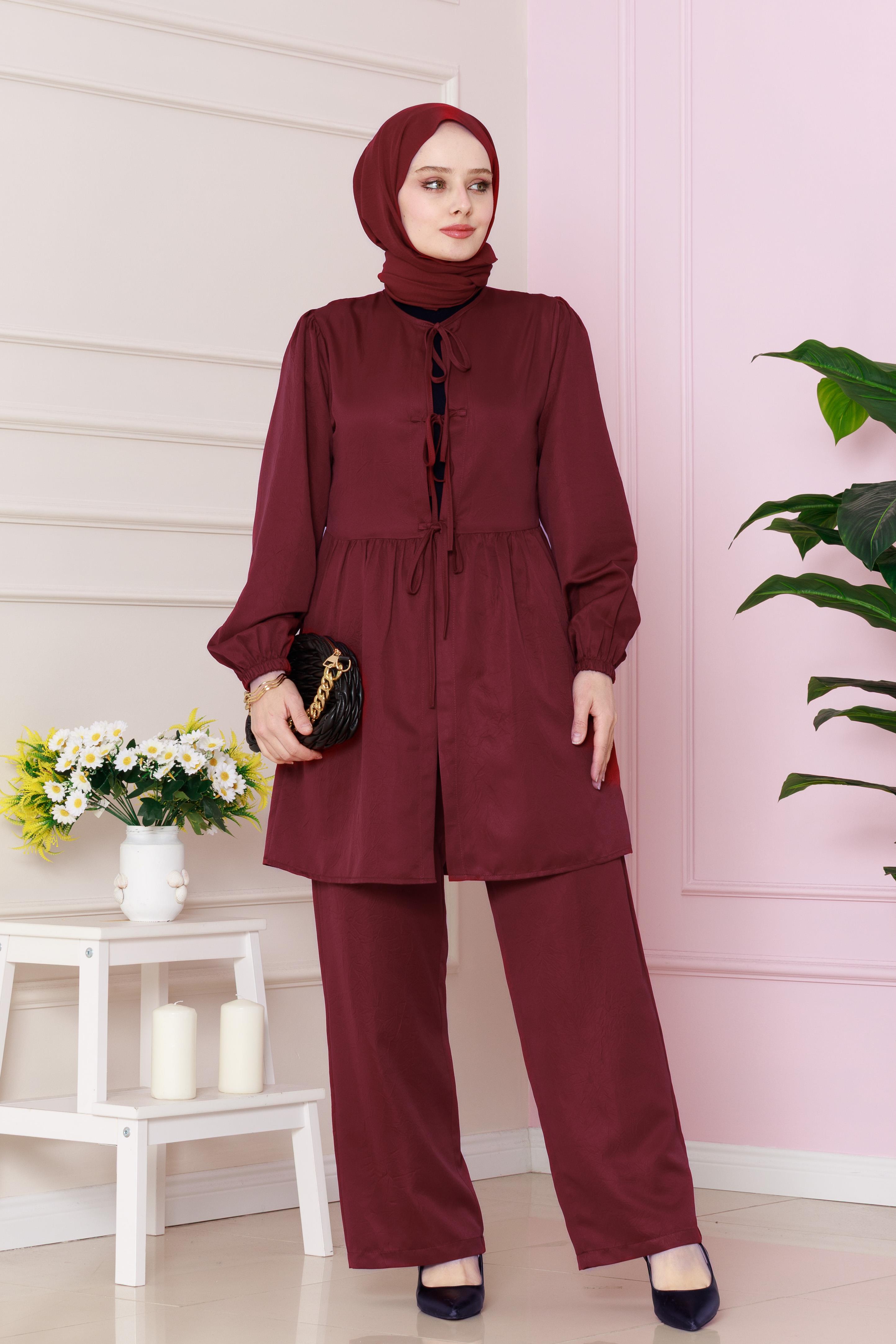 Önü Bağlamalı Pantolonlu takım-Bordo
