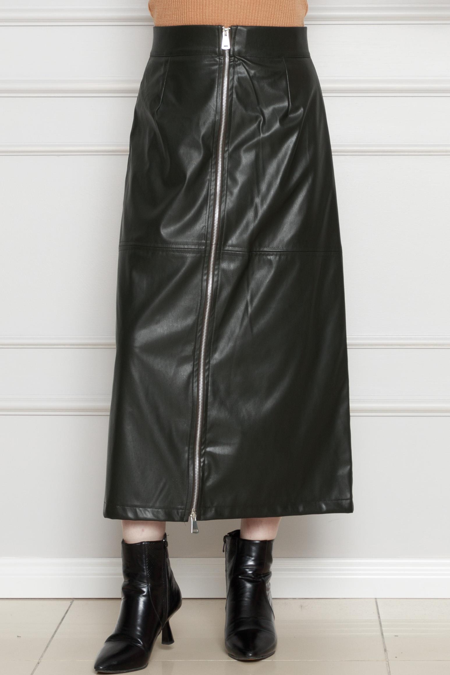 Leather Skirt with Front Zipper Detail - khaki  color 