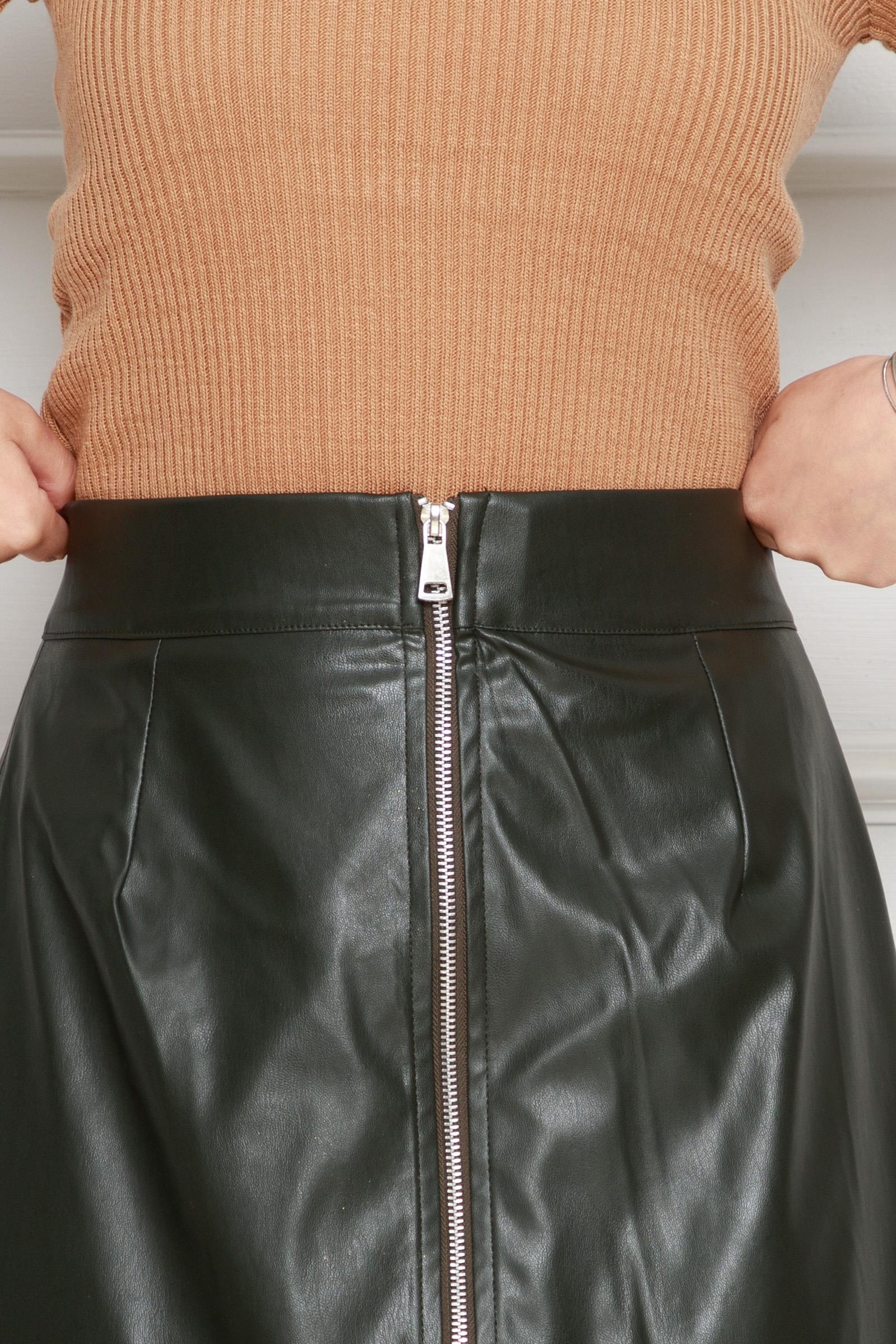 Leather Skirt with Front Zipper Detail - khaki  color 