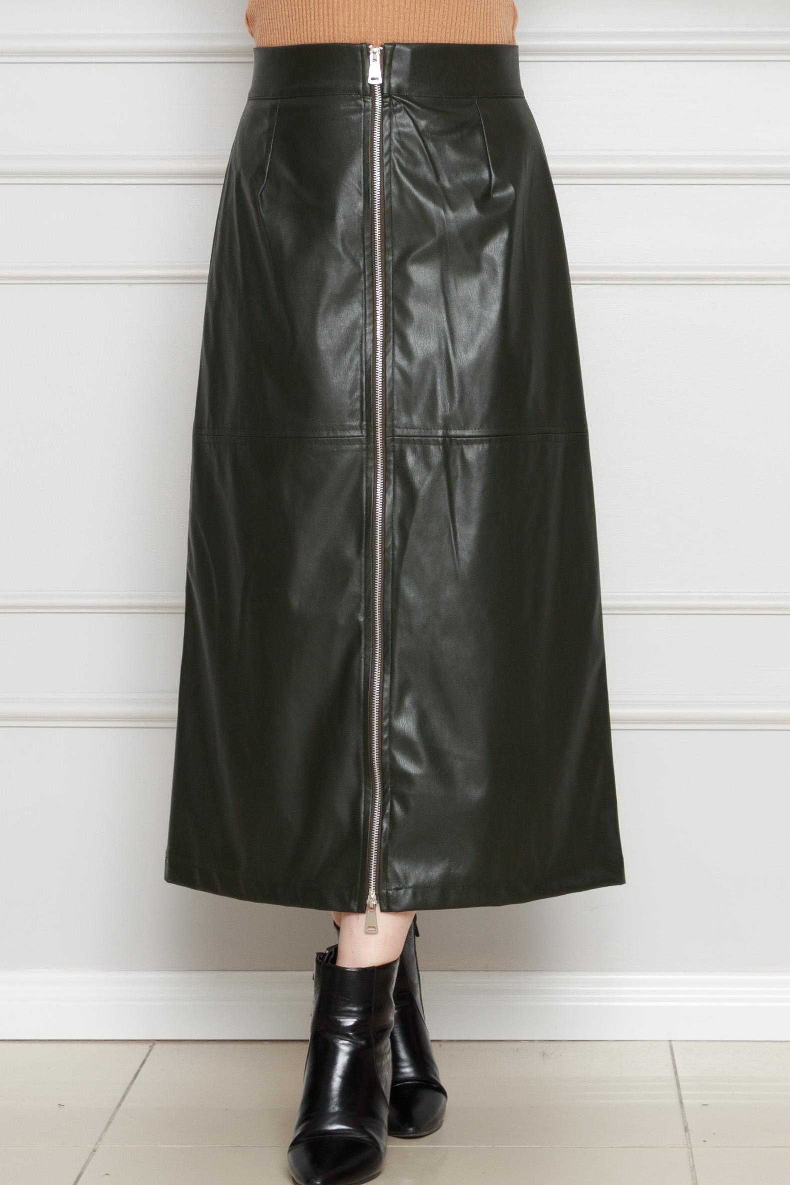 Leather Skirt with Front Zipper Detail - khaki  color 