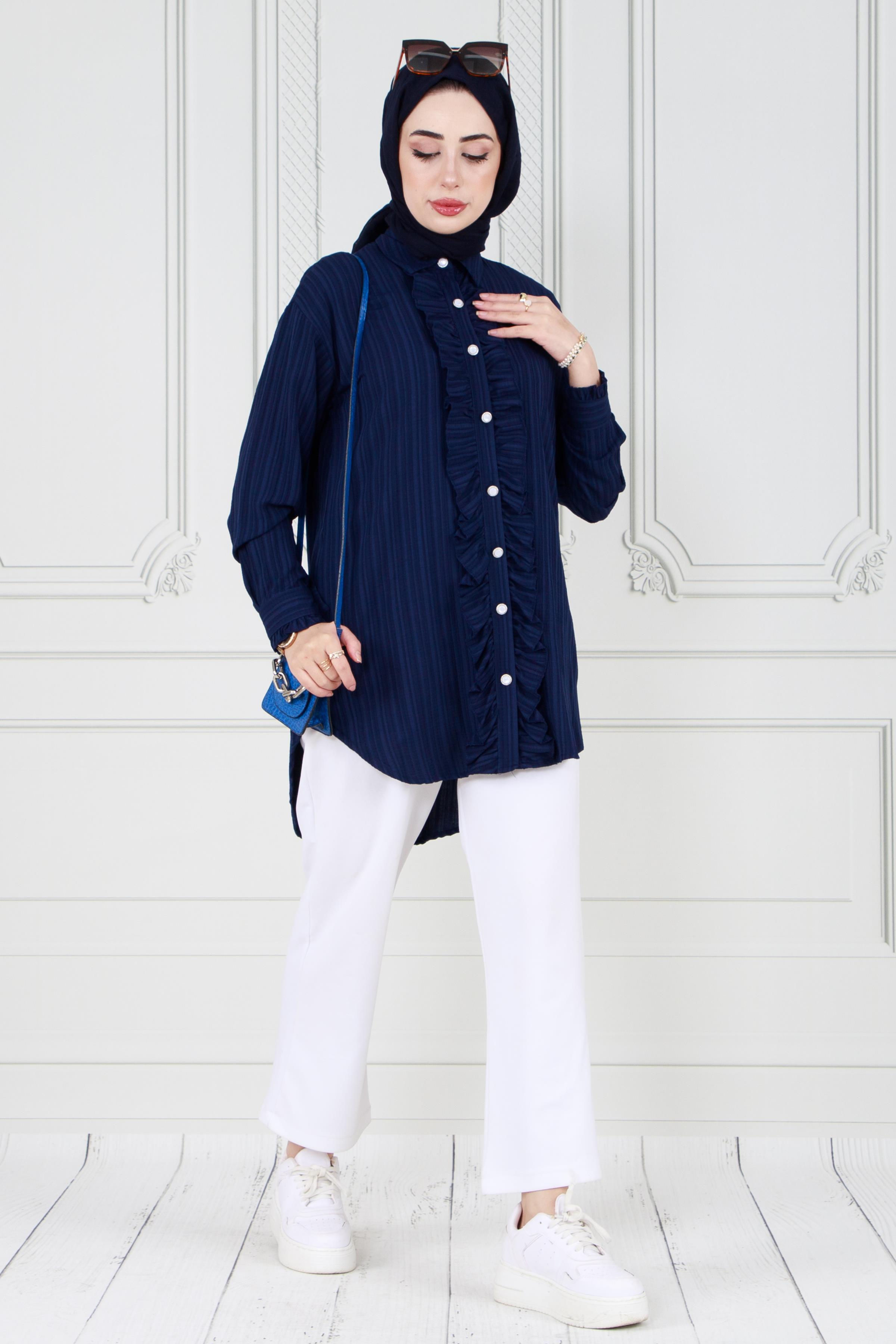 Tunic with Frill detail on the front-Dark Bleu color 