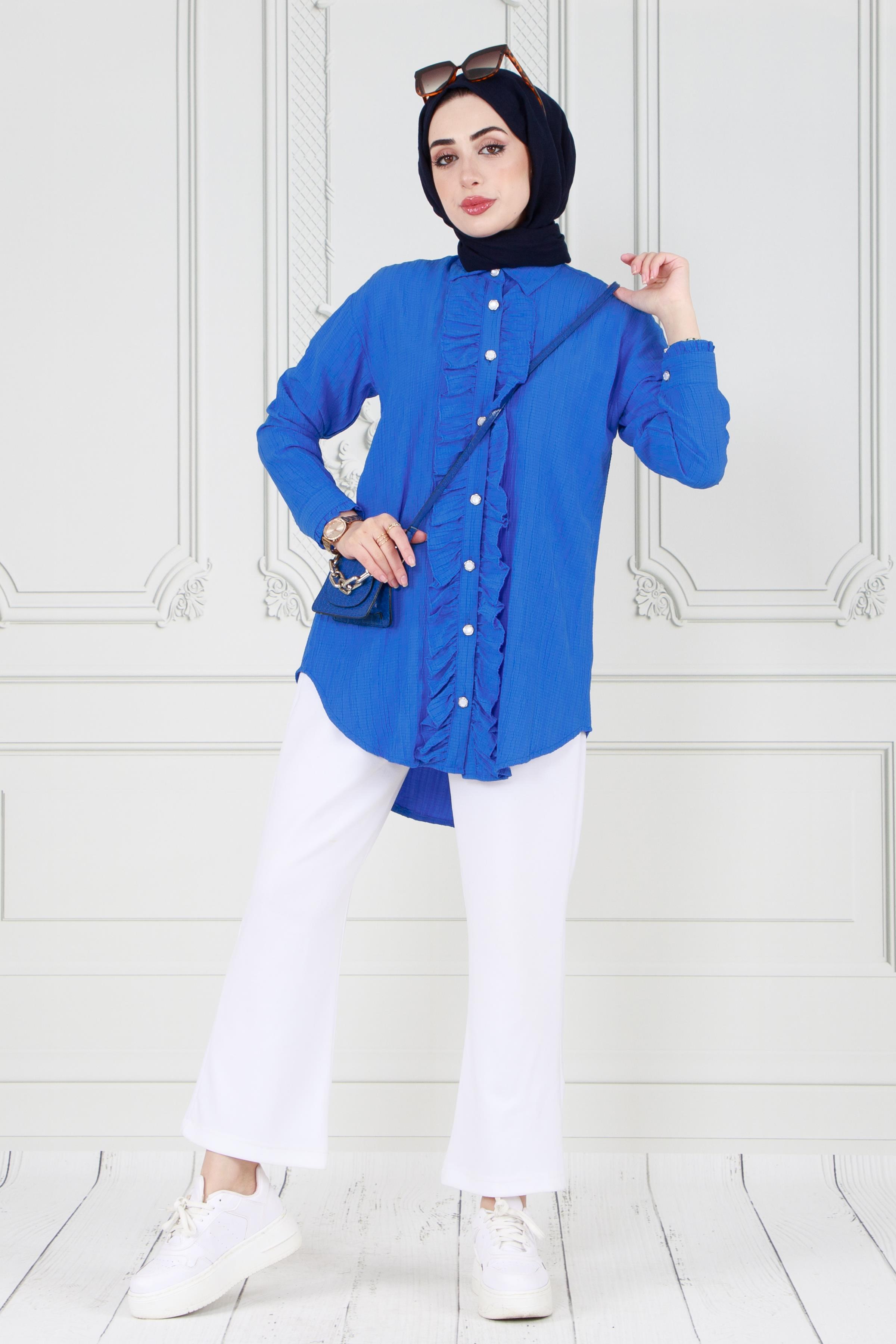 Tunic with frill detail on the front-Bleu color 