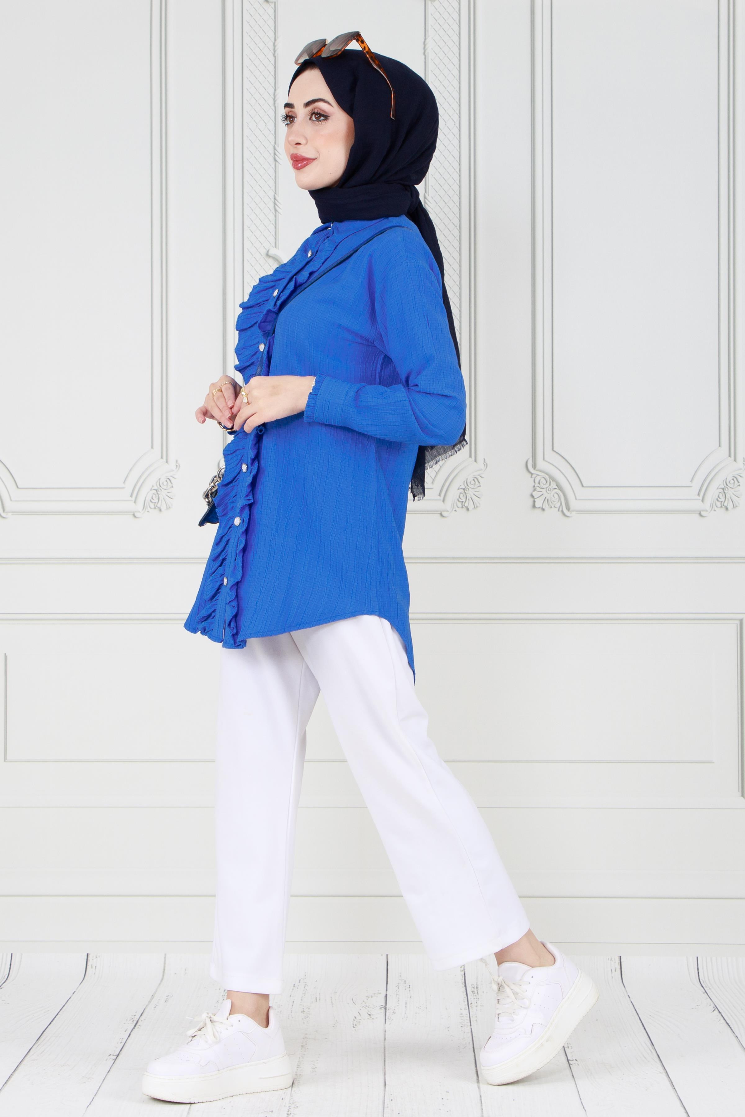 Tunic with frill detail on the front-Bleu color 