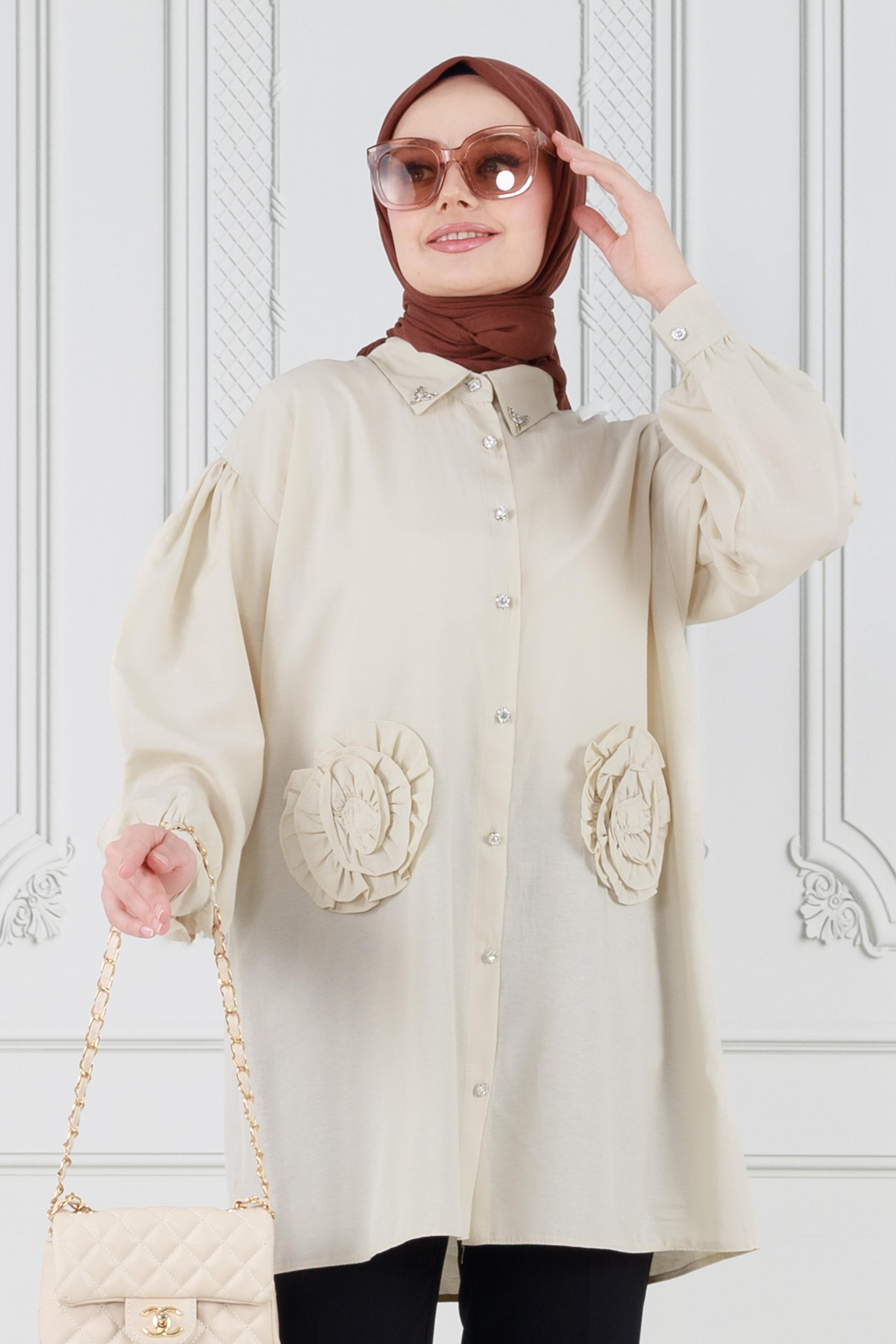 Front Rose Detailed Tunic-Beige