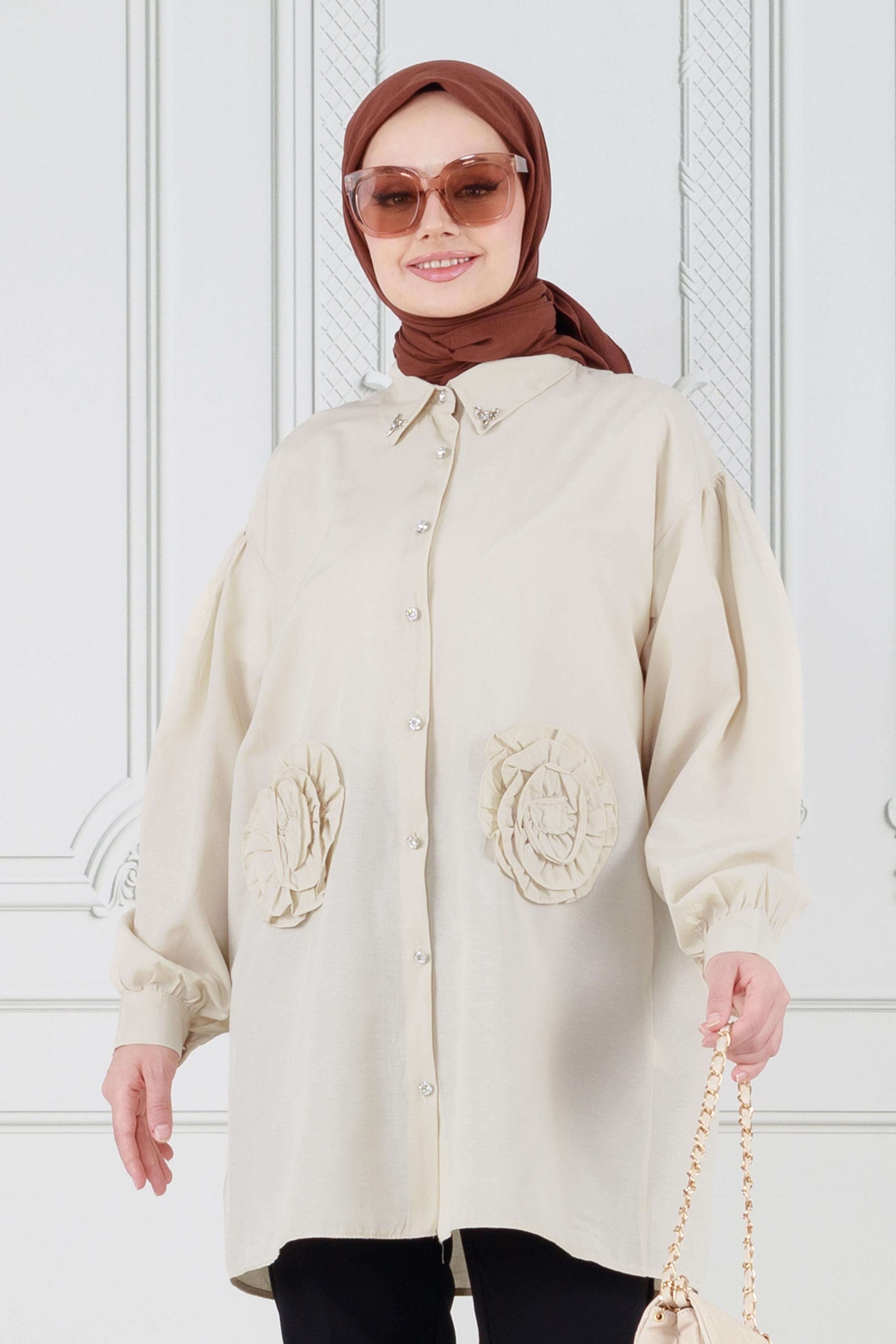Front Rose Detailed Tunic-Beige