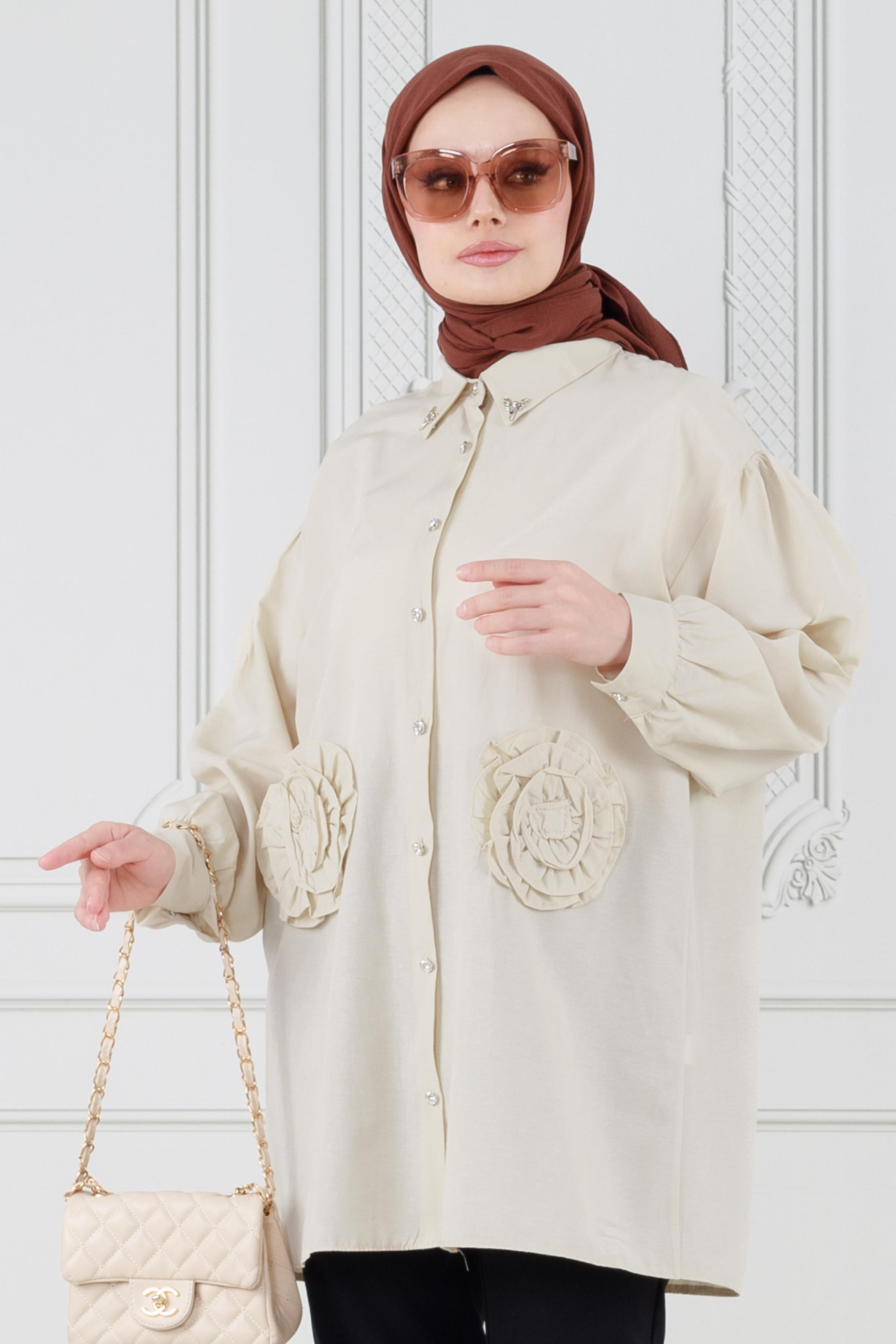 Front Rose Detailed Tunic-Beige