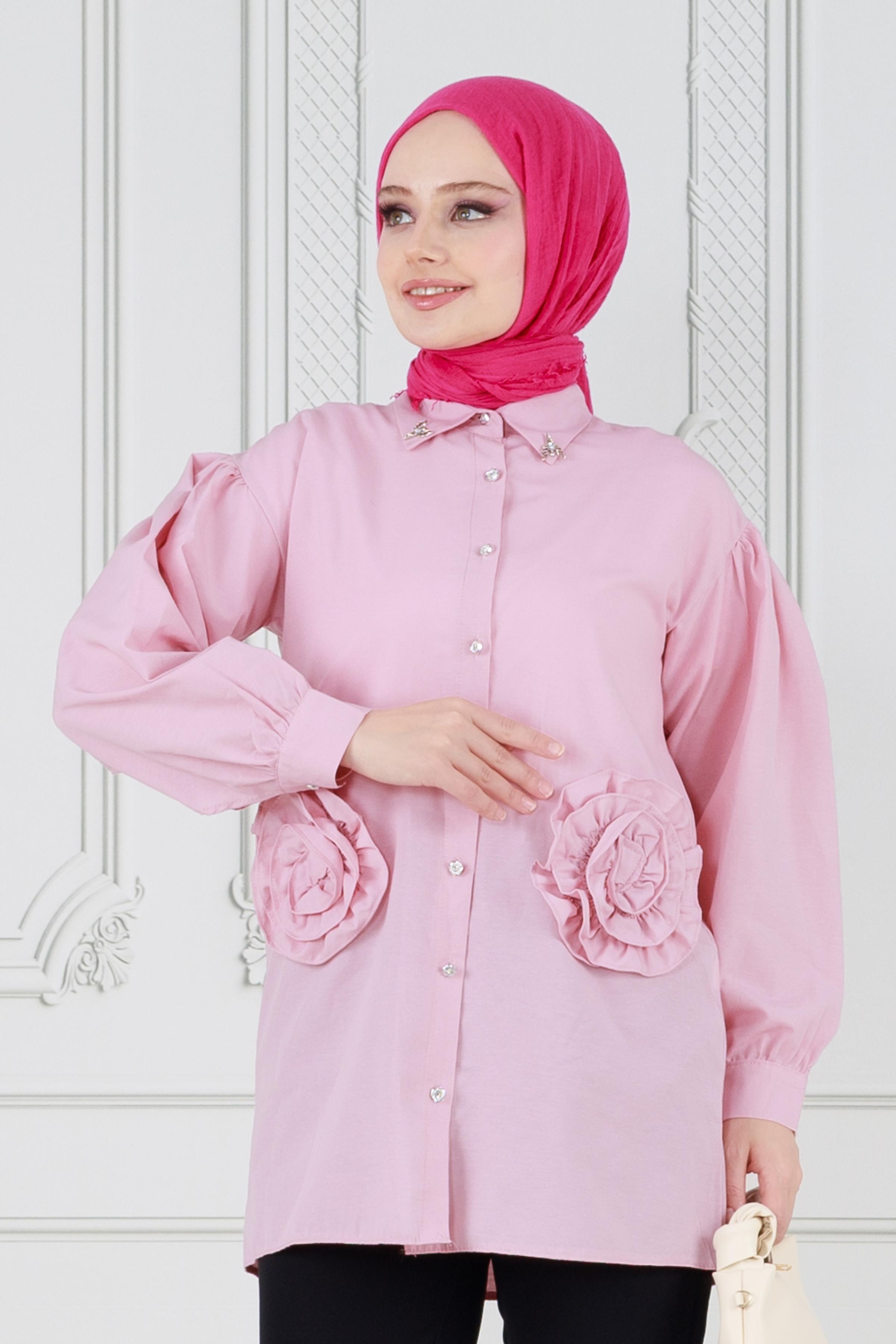 Önü Gül Detaylı Tunik-Pembe
