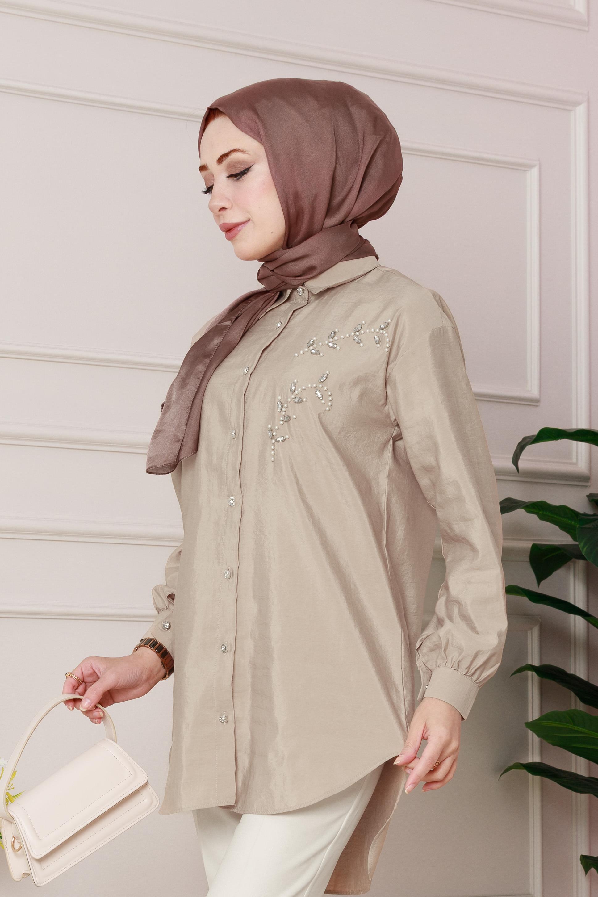 تونيك مع تطريز لؤلؤي على الجهة الأمامية - لون بيج