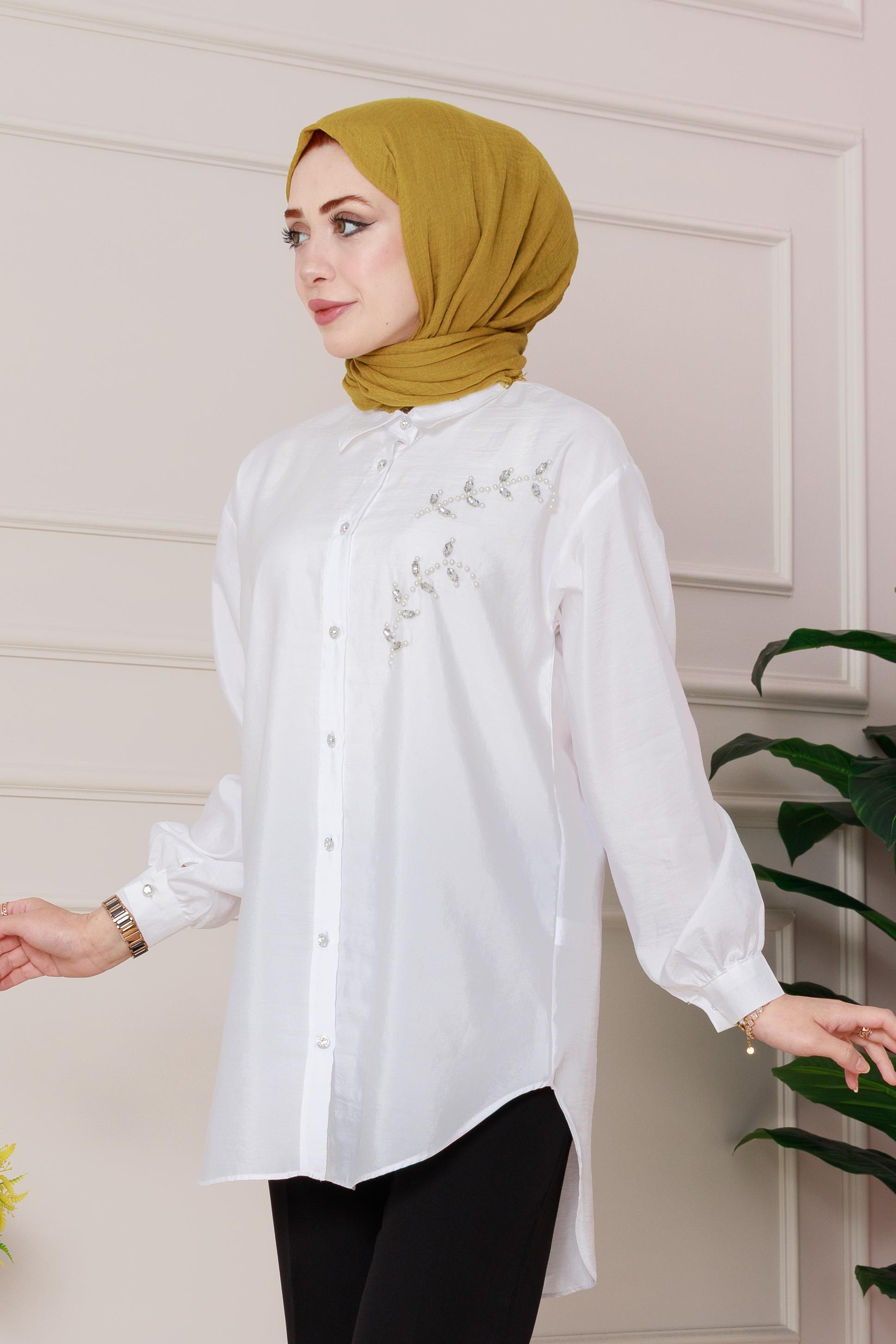 Pearl embroidered front tunic- white color 