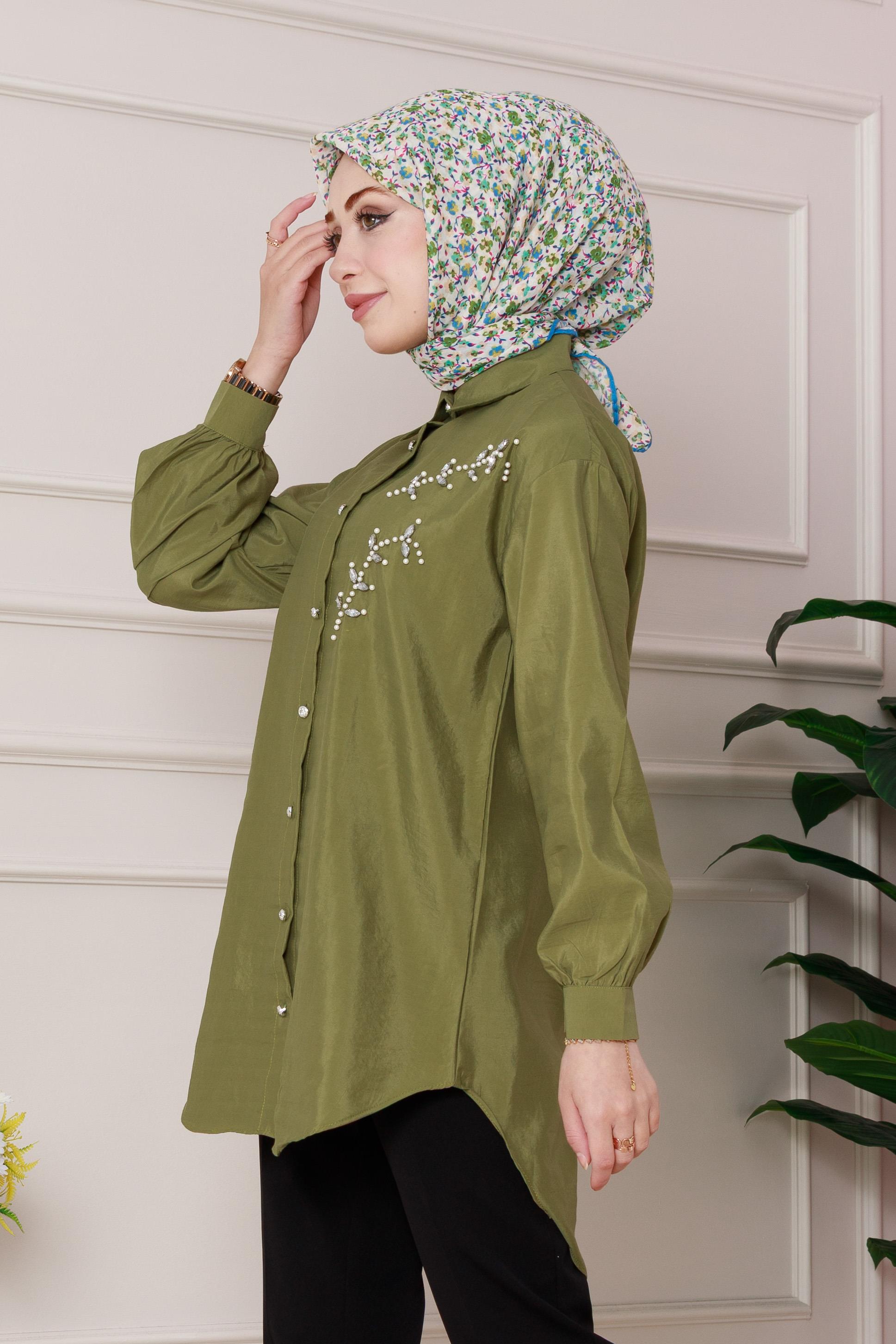Pearl embroidered front tunic- green color 