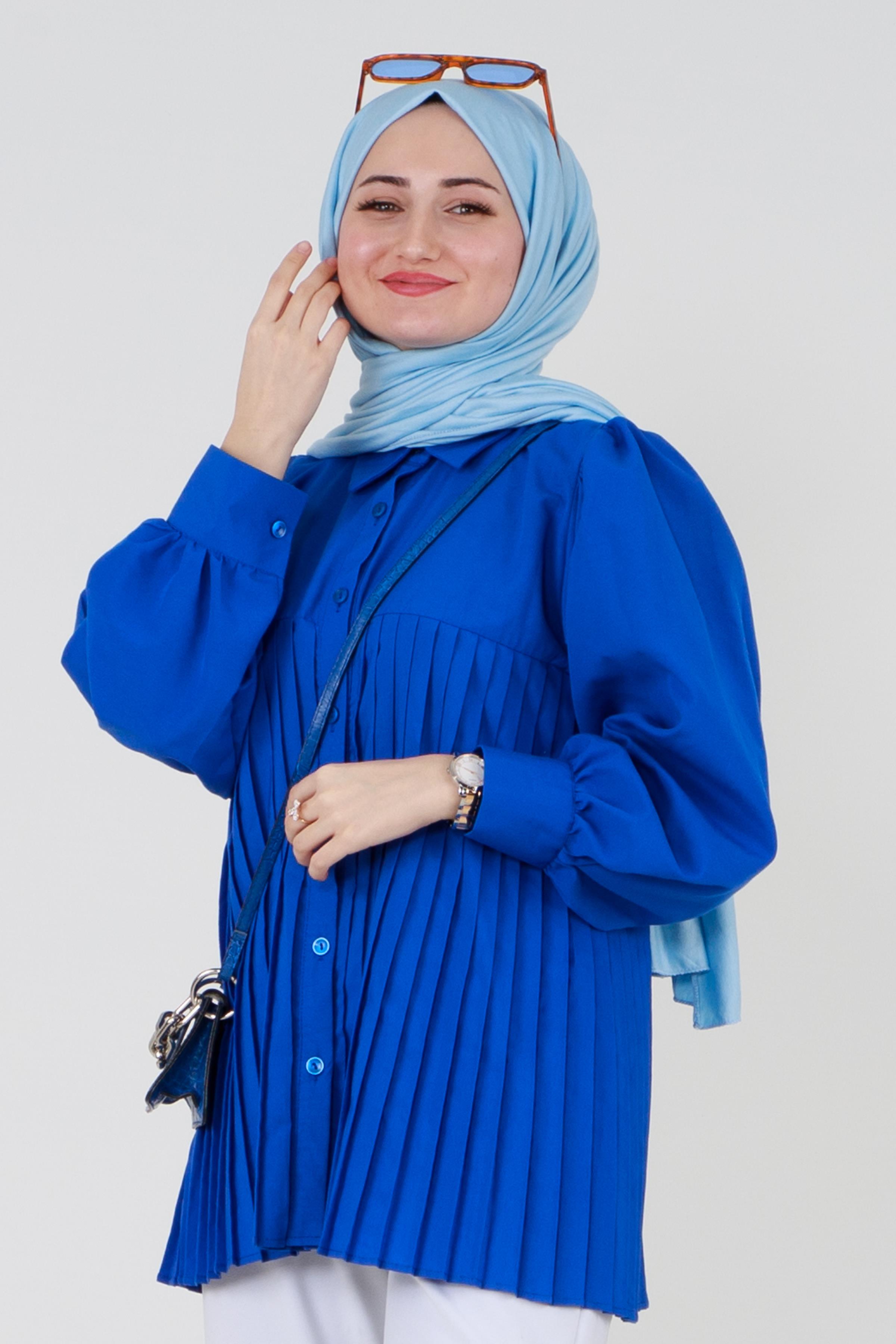 Saxe Blue shirt with pleats at the bottom