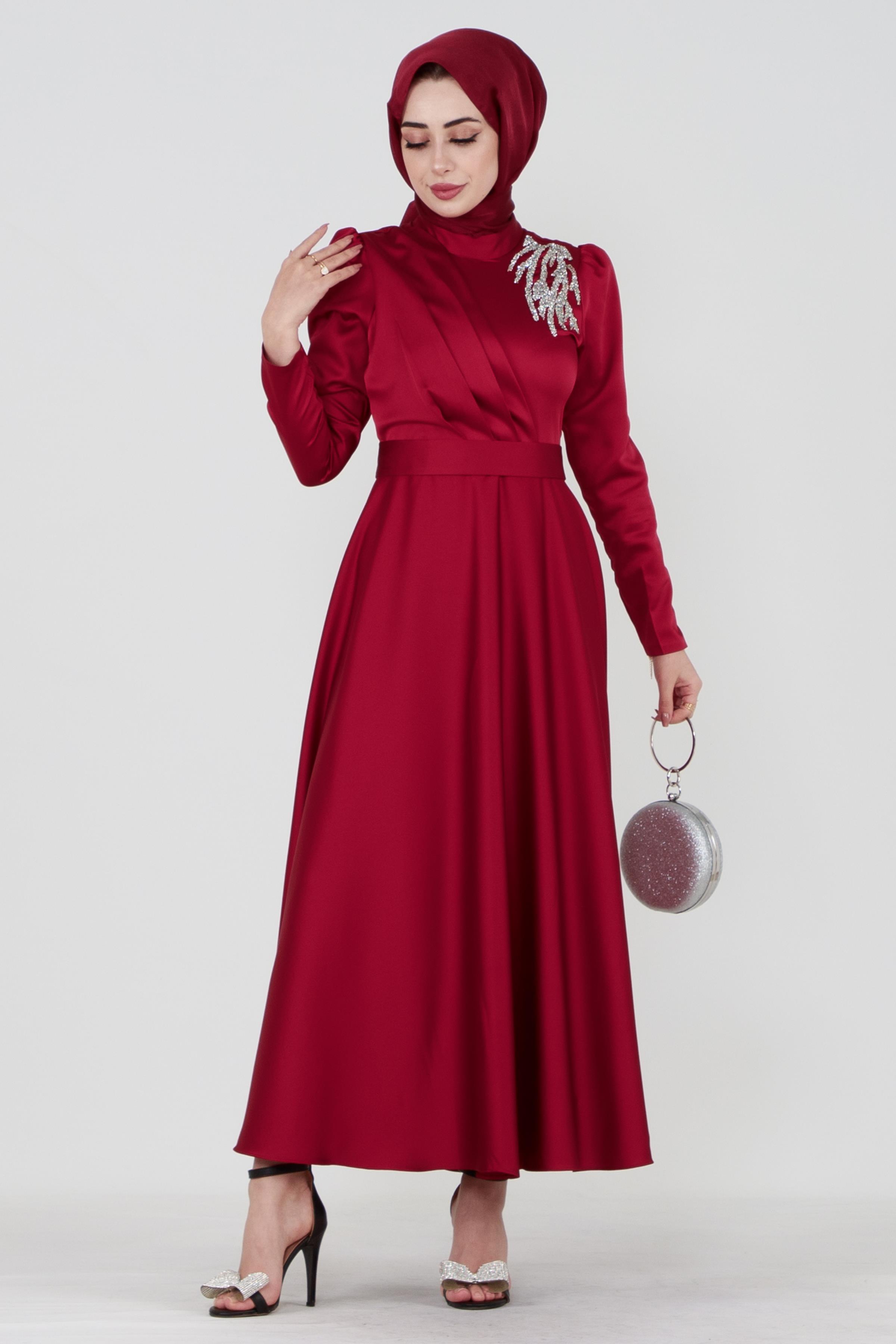 Önü Taş Baskılı Saten Abiye-Bordo