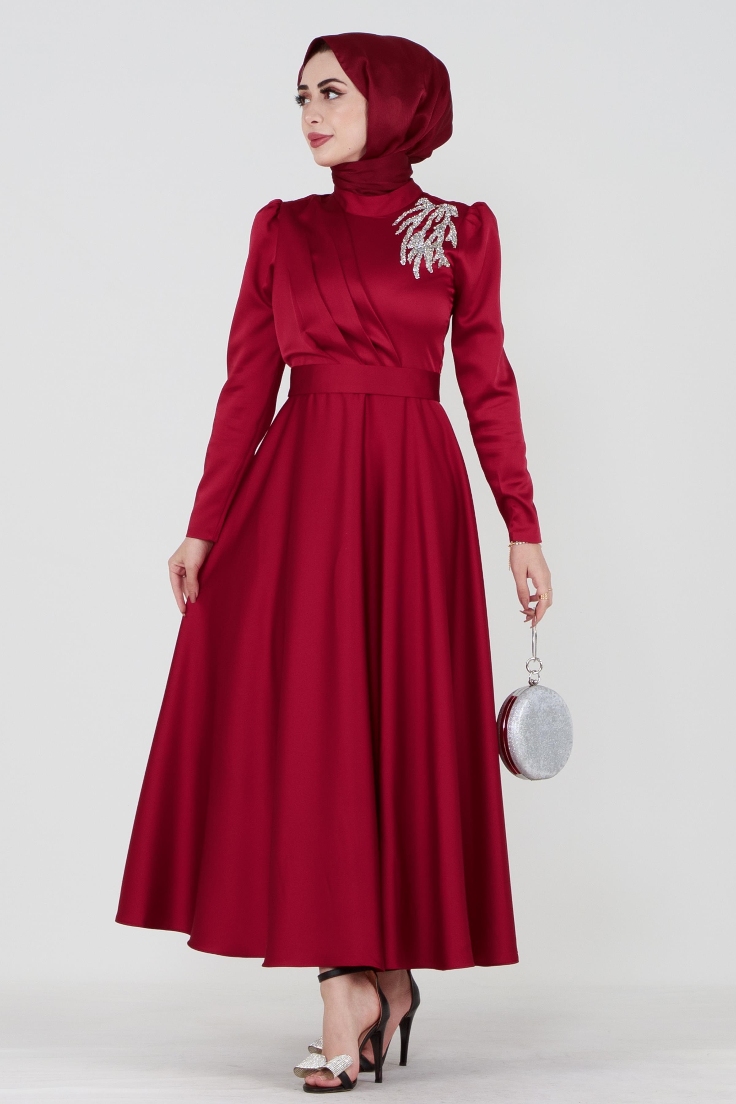 Önü Taş Baskılı Saten Abiye-Bordo