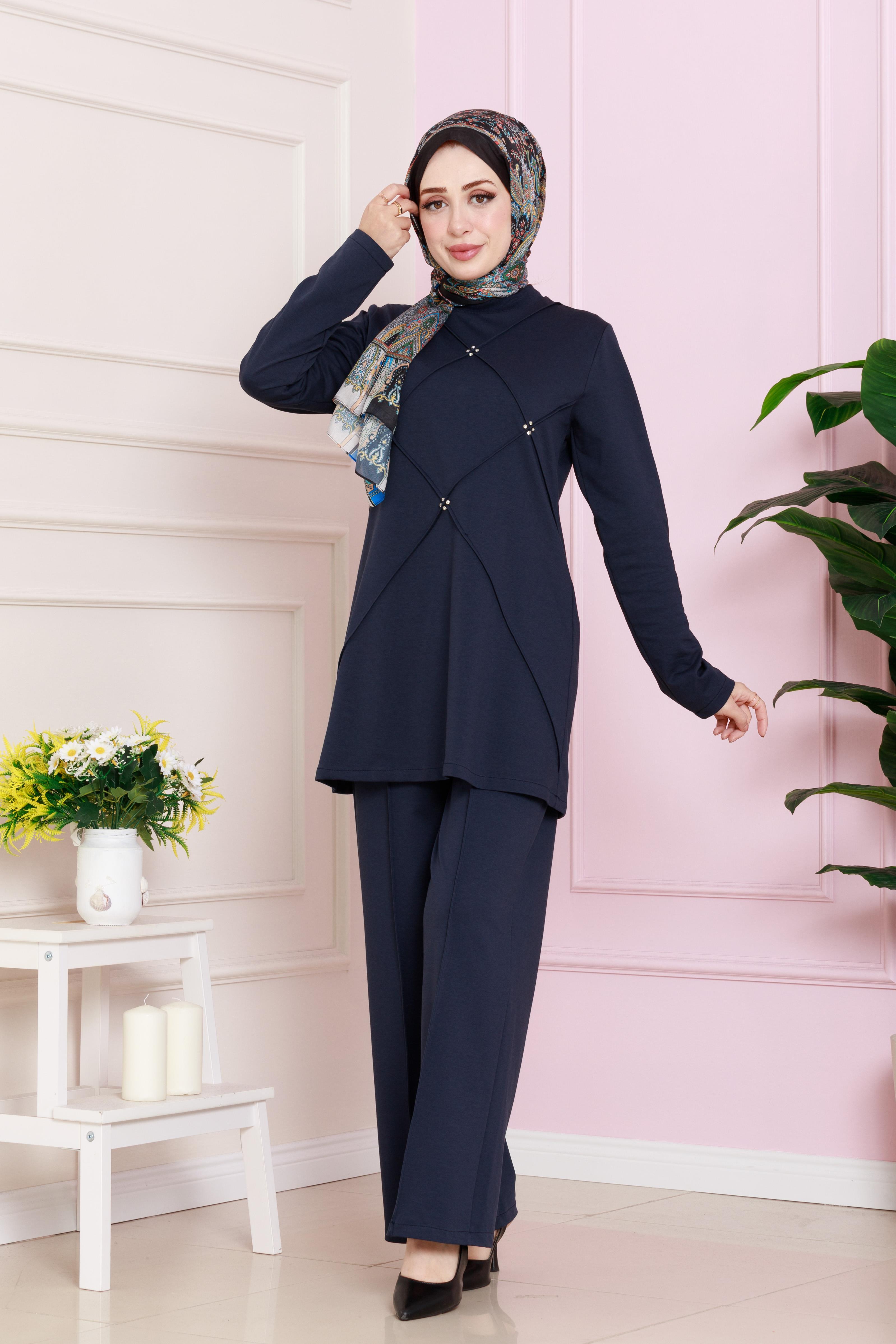 Modern set decorated with stones on the front - dark blue color