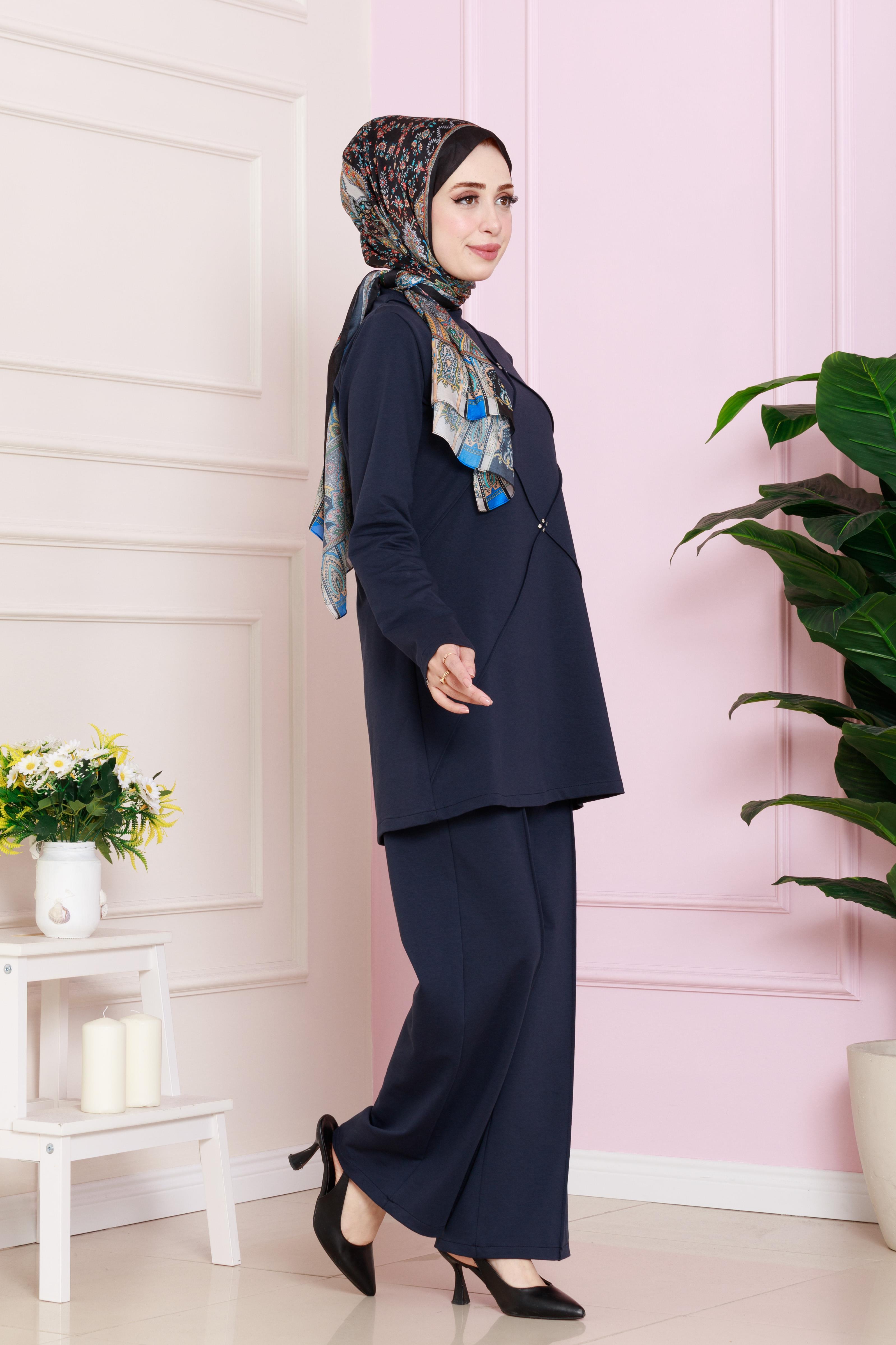Modern set decorated with stones on the front - dark blue color